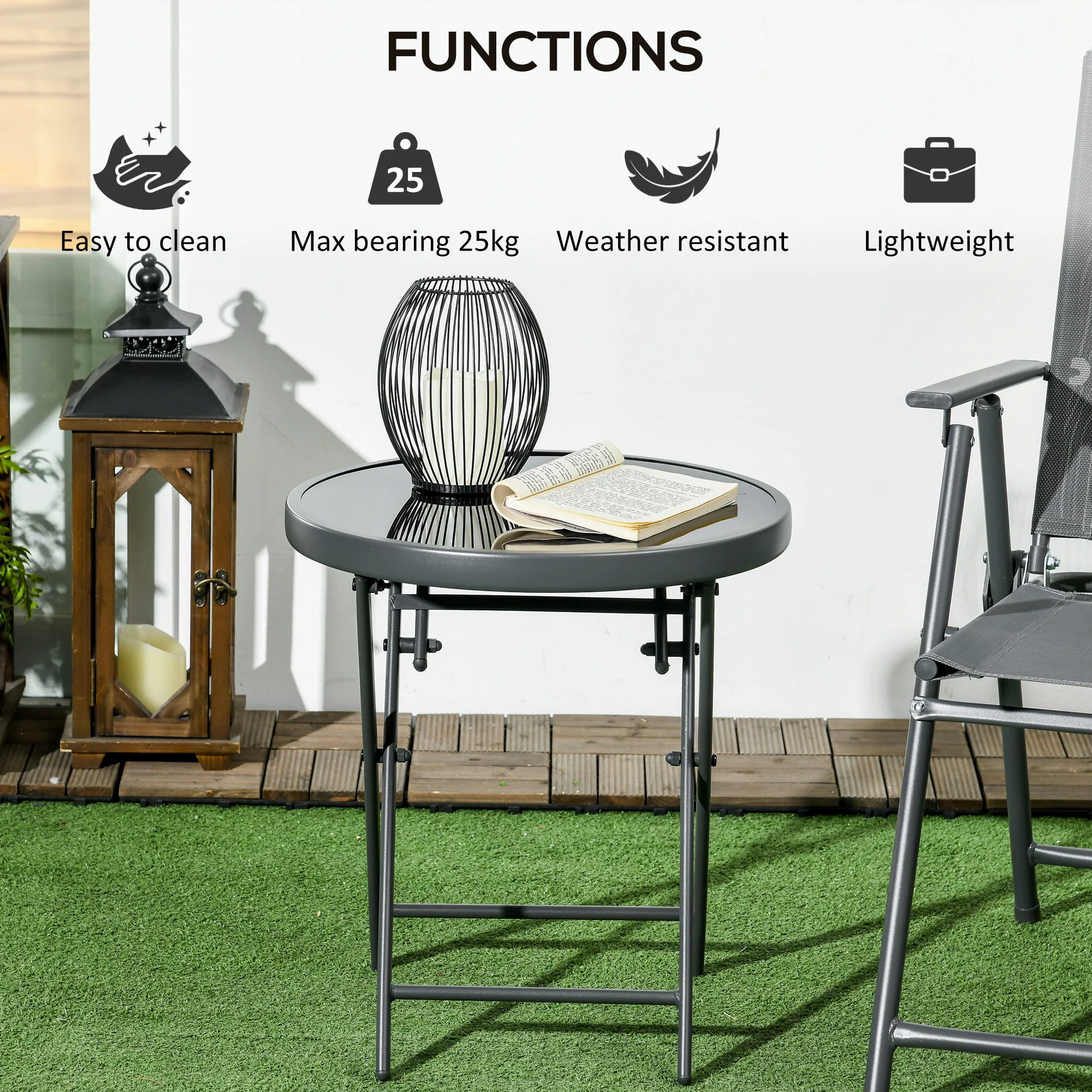 18" Outdoor Round Folding Table with Tempered Glass Top, Black - Image 7
