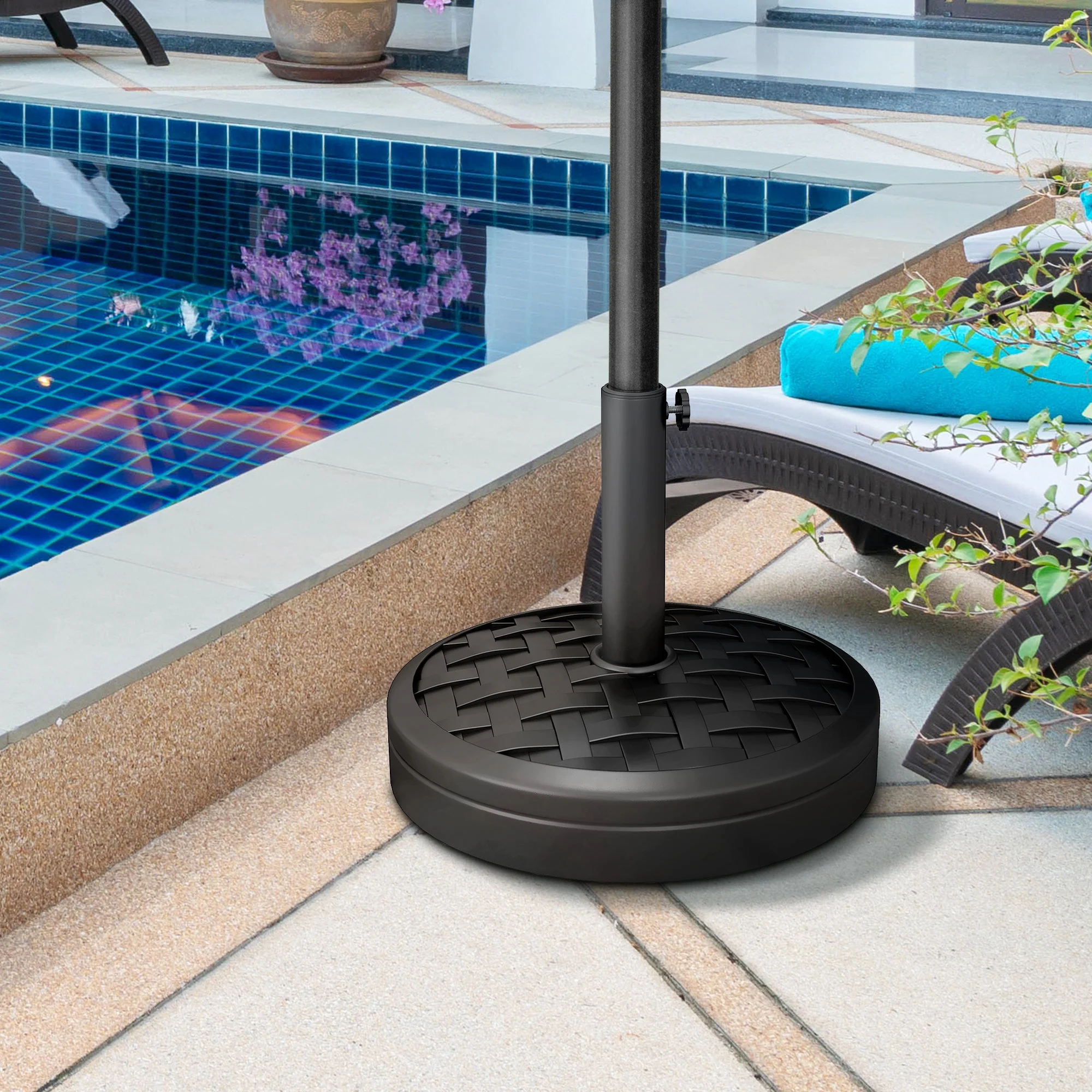 18kg Concrete Parasol Base with Rattan Effect, for 38, 48mm Poles, Black - Image 4
