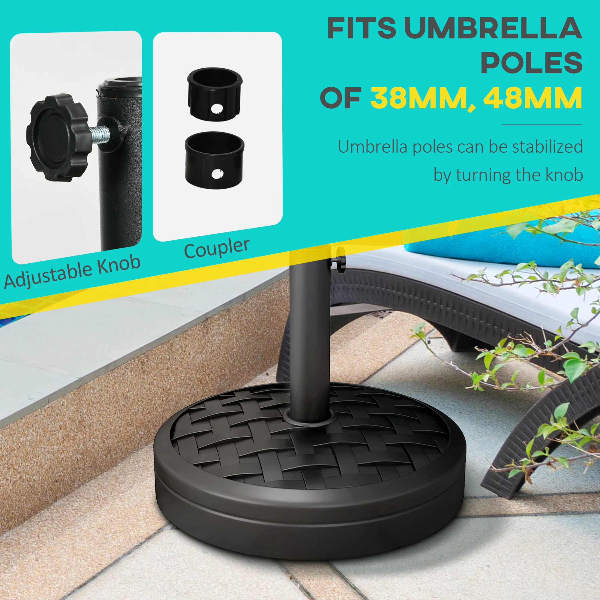 18kg Concrete Parasol Base with Rattan Effect, for 38, 48mm Poles, Black - Image 6