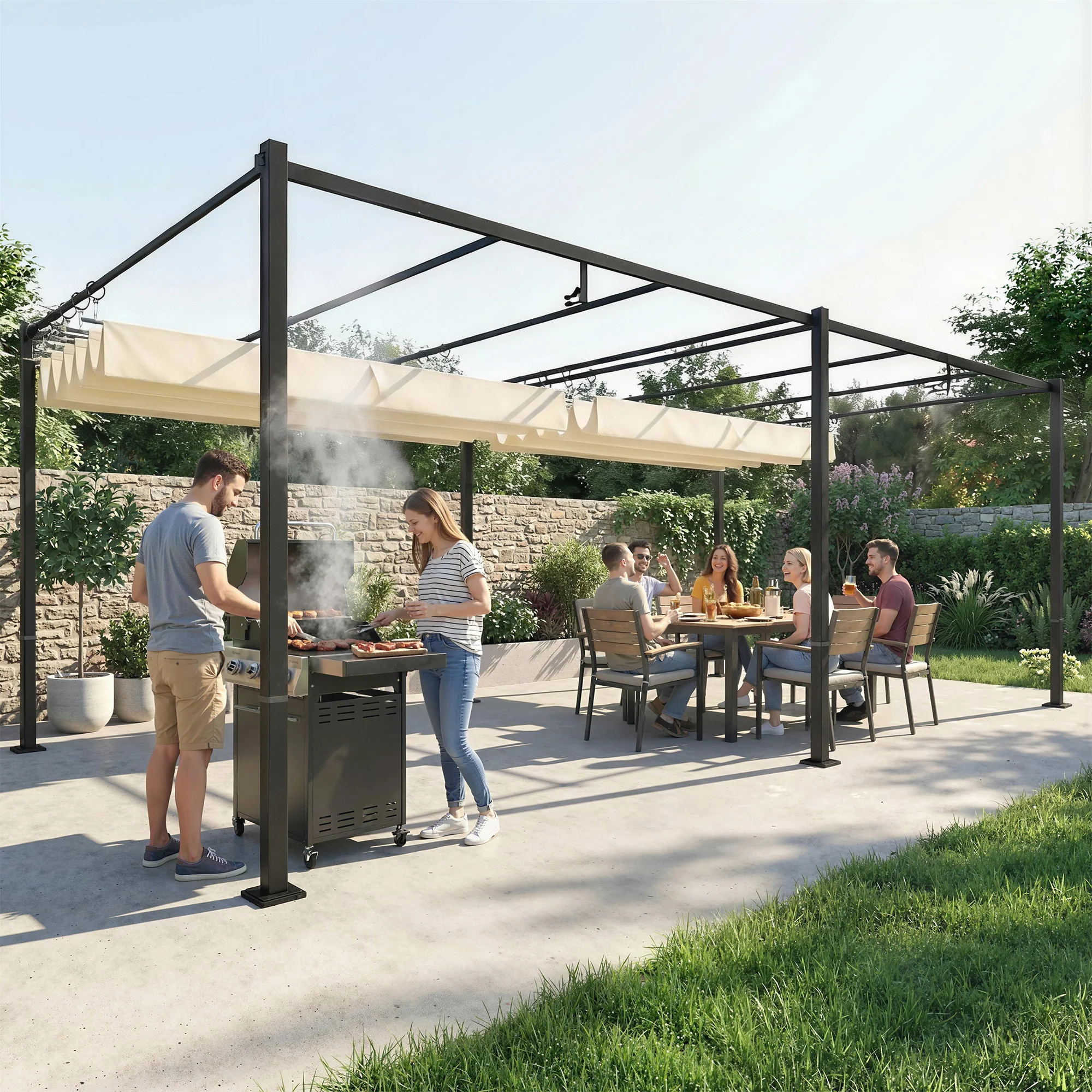 19' x 10' Pergola with Retractable Canopy, Cream White - Image 10