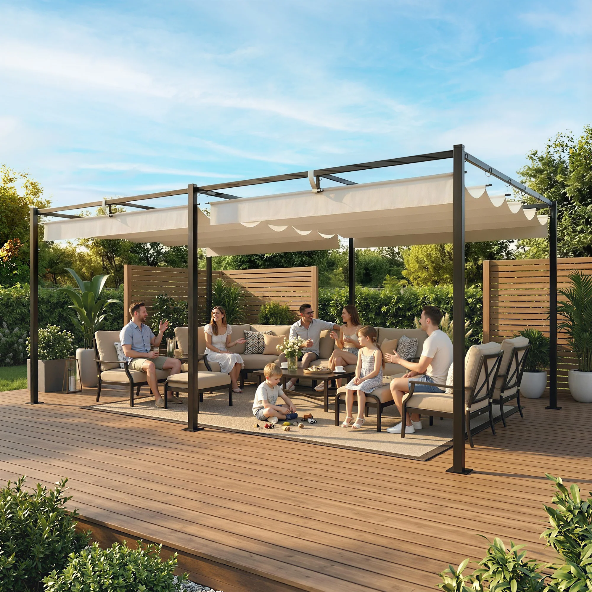 19' x 10' Pergola with Retractable Canopy, Cream White - Image 11
