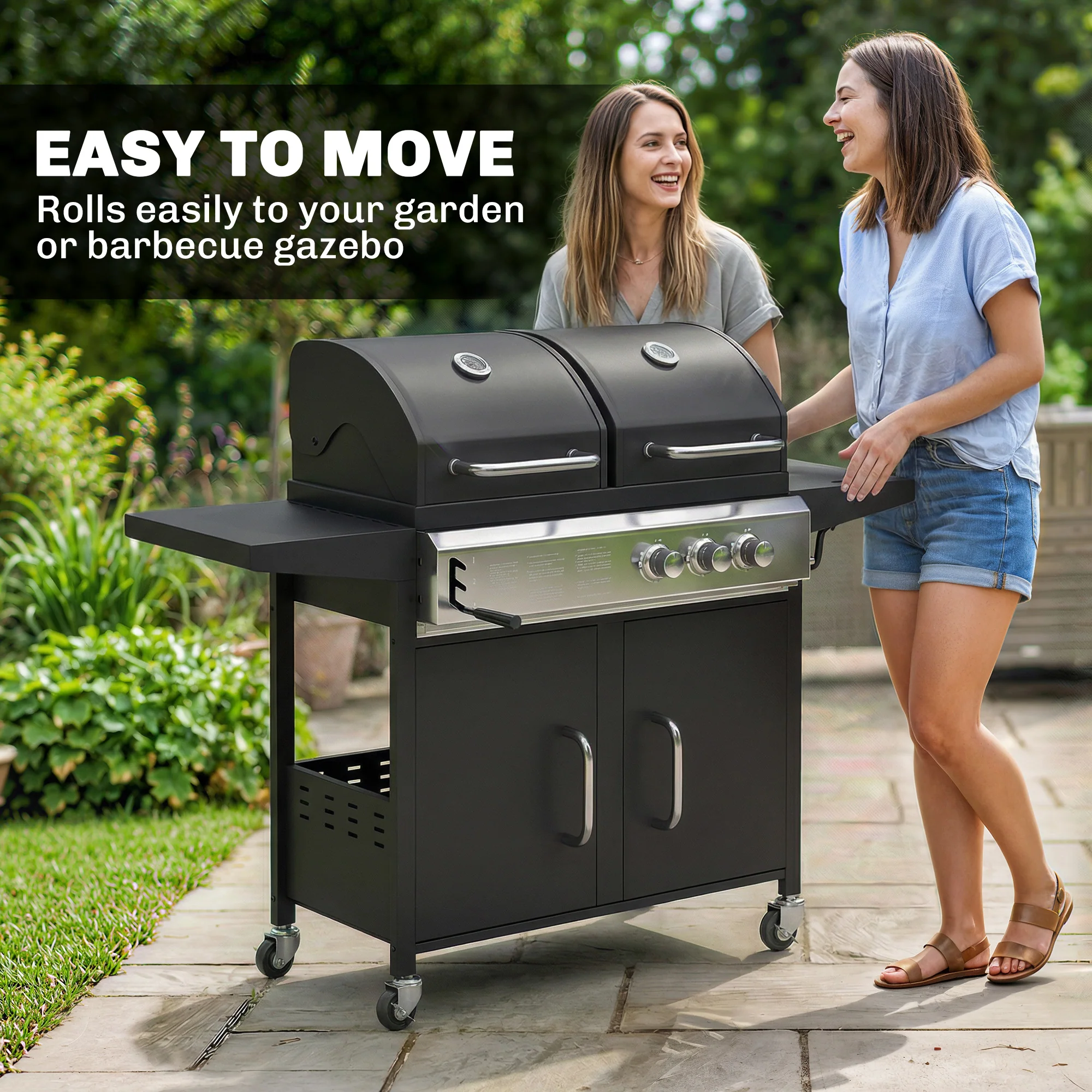 2+1 Burner Hybrid Dual Fuel BBQ Grill with Cabinet, Black - Image 11