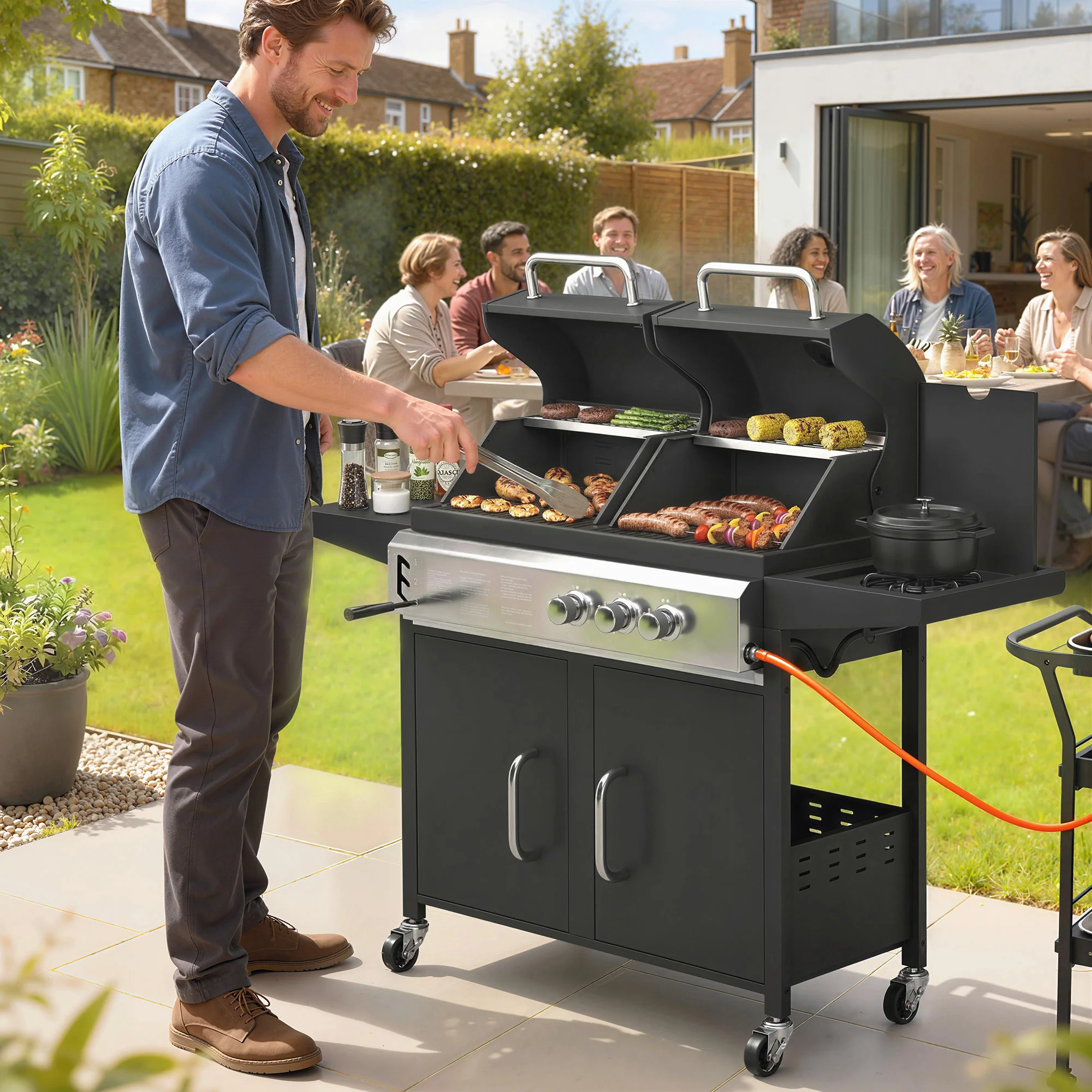 2+1 Burner Hybrid Dual Fuel BBQ Grill with Cabinet, Black - Image 3