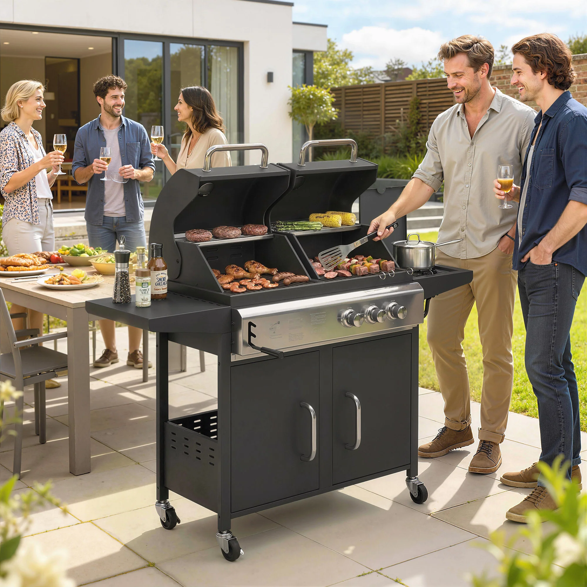 2+1 Burner Hybrid Dual Fuel BBQ Grill with Cabinet, Black - Image 4