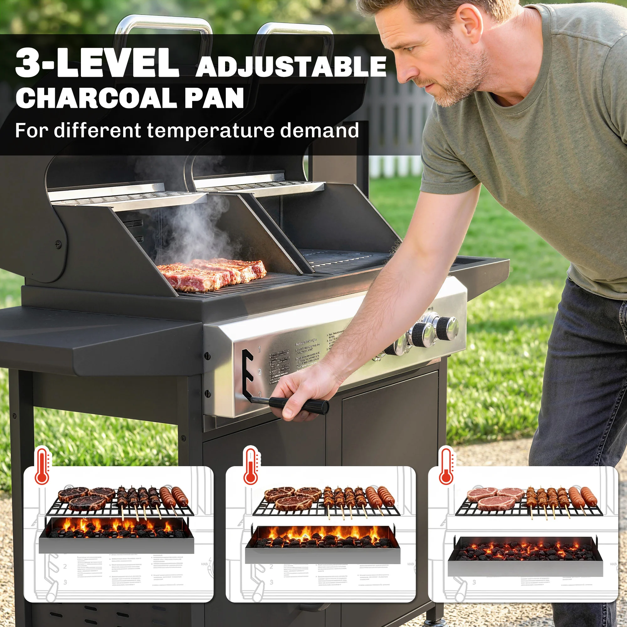 2+1 Burner Hybrid Dual Fuel BBQ Grill with Cabinet, Black - Image 9