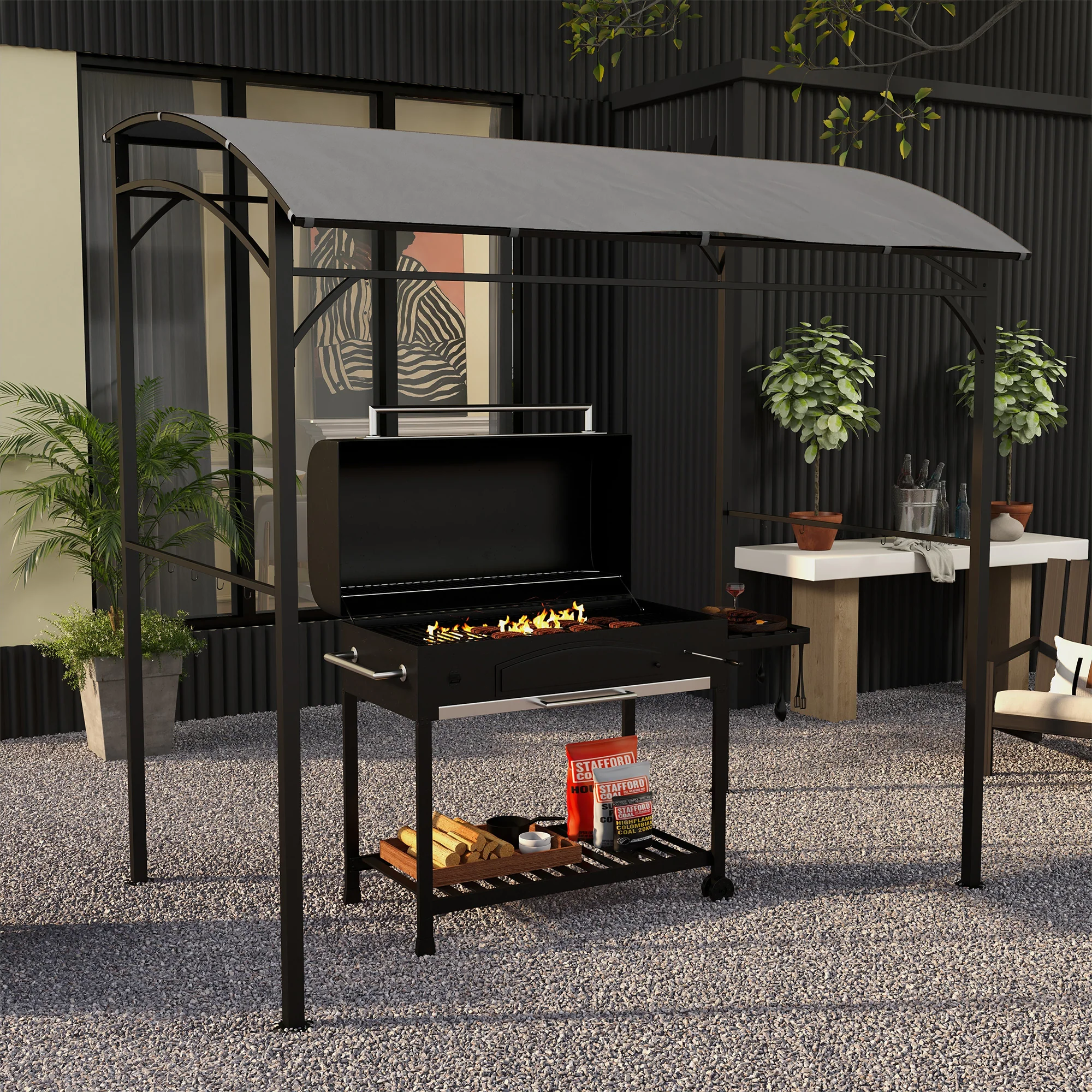 7.2' x 5' BBQ Grill Gazebo Tent with Metal Frame, Curved Canopy & 10 Hooks, Grey - Image 3