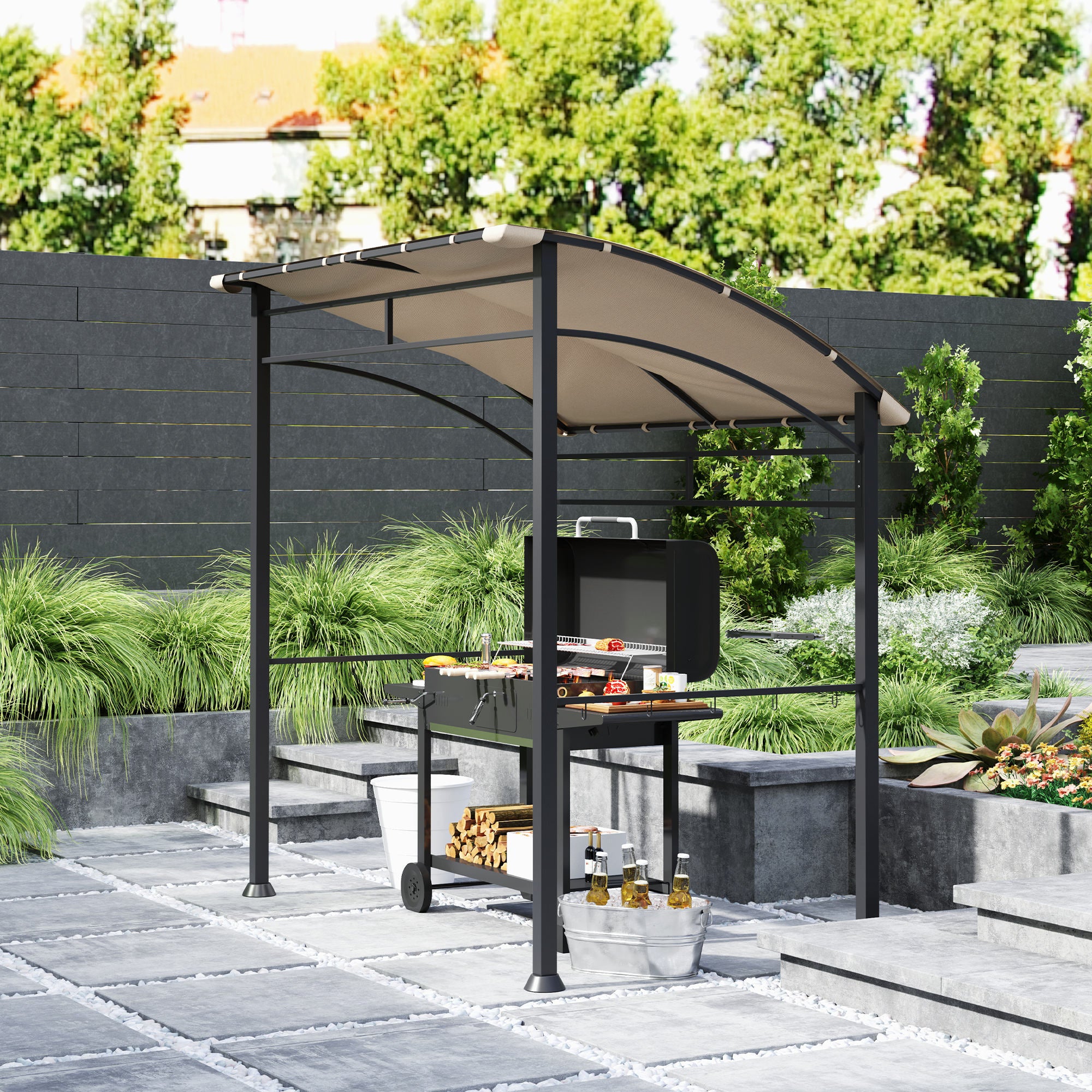7.2' x 5' BBQ Grill Gazebo Tent with Metal Frame, Curved Canopy & 10 Hooks, Khaki - Image 10
