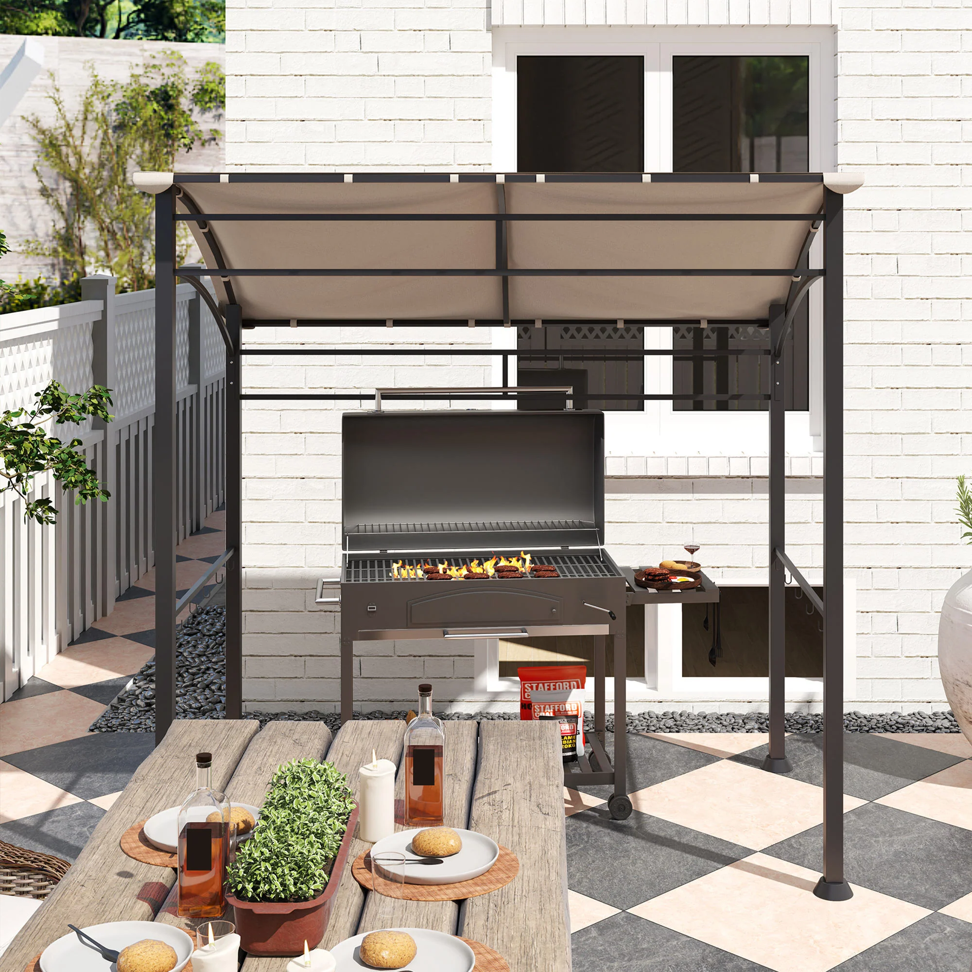 7.2' x 5' BBQ Grill Gazebo Tent with Metal Frame, Curved Canopy & 10 Hooks, Khaki - Image 11
