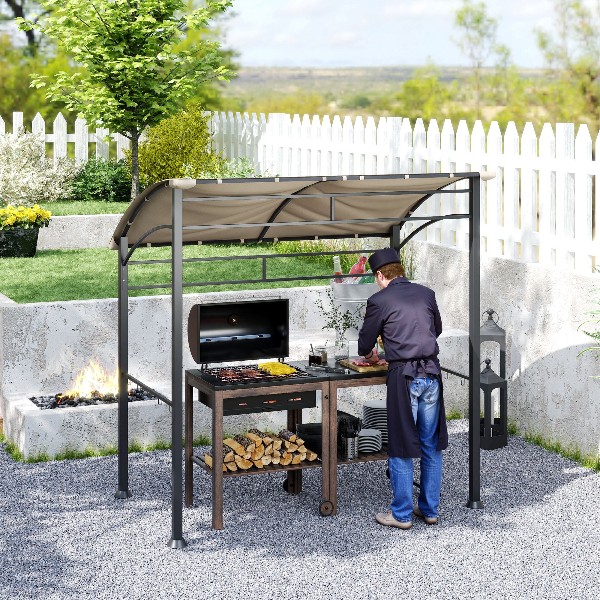 7.2' x 5' BBQ Grill Gazebo Tent with Metal Frame, Curved Canopy & 10 Hooks, Khaki - Image 3