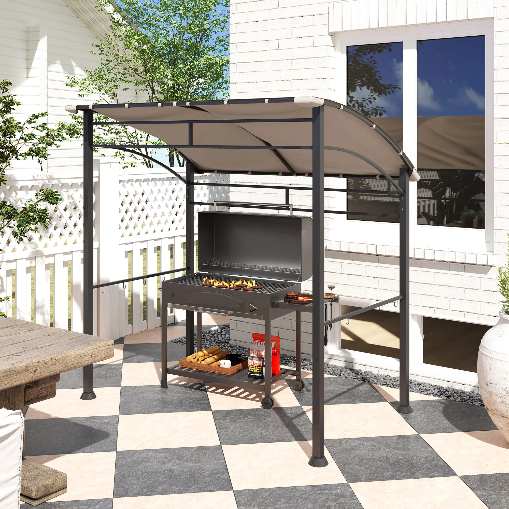 7.2' x 5' BBQ Grill Gazebo Tent with Metal Frame, Curved Canopy & 10 Hooks, Khaki - Image 4