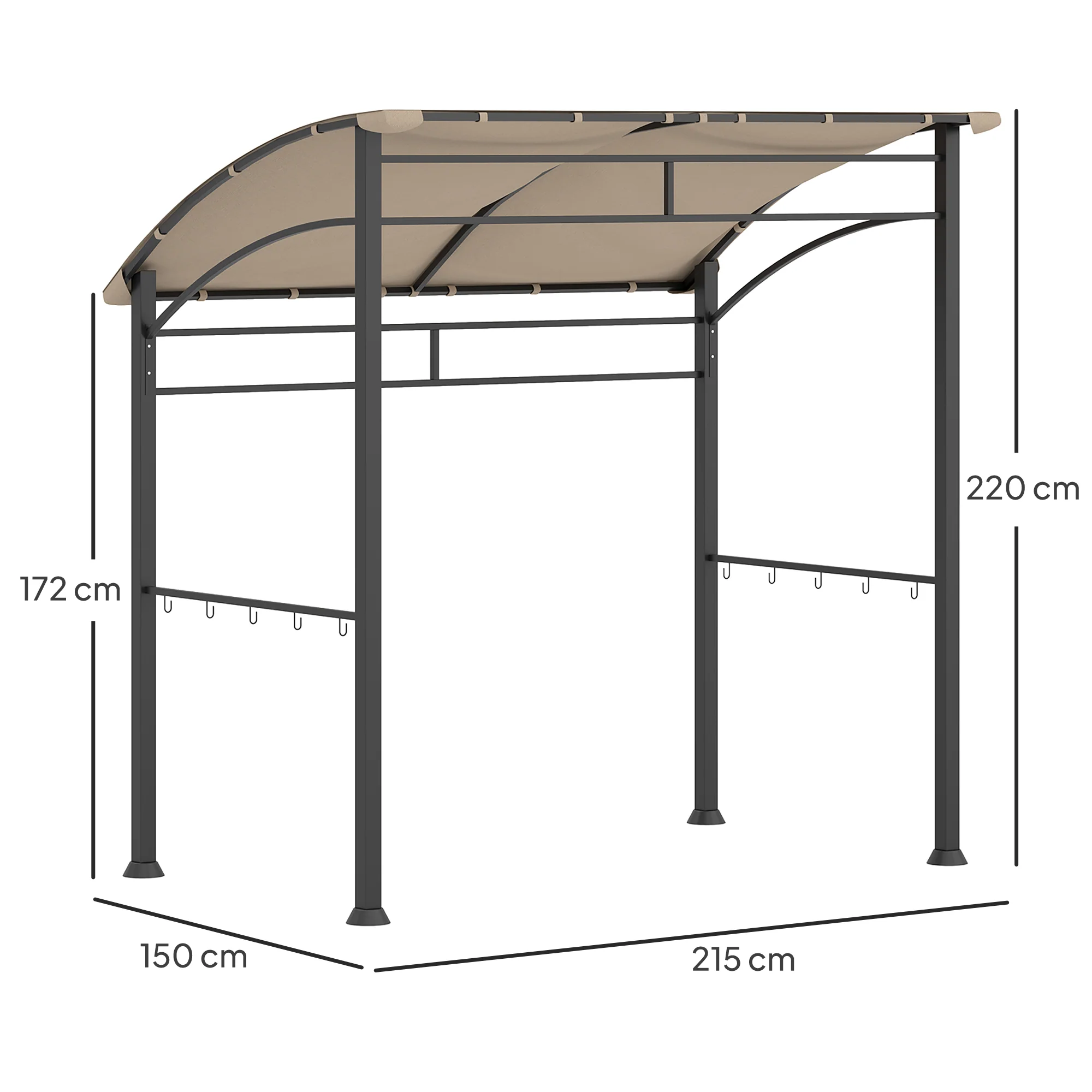 7.2' x 5' BBQ Grill Gazebo Tent with Metal Frame, Curved Canopy & 10 Hooks, Khaki - Image 5
