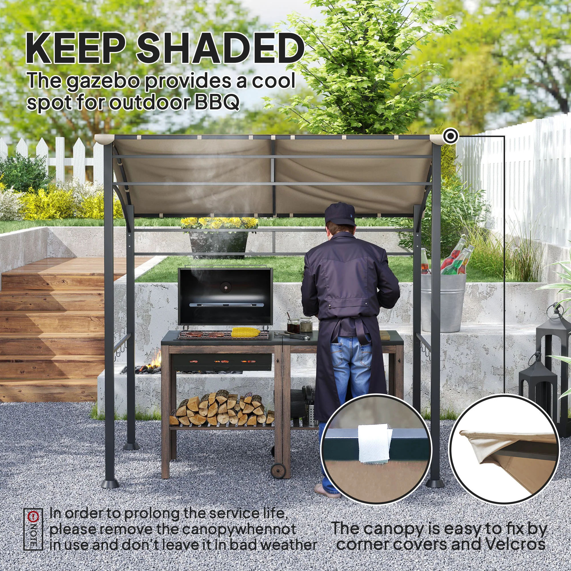 7.2' x 5' BBQ Grill Gazebo Tent with Metal Frame, Curved Canopy & 10 Hooks, Khaki - Image 6