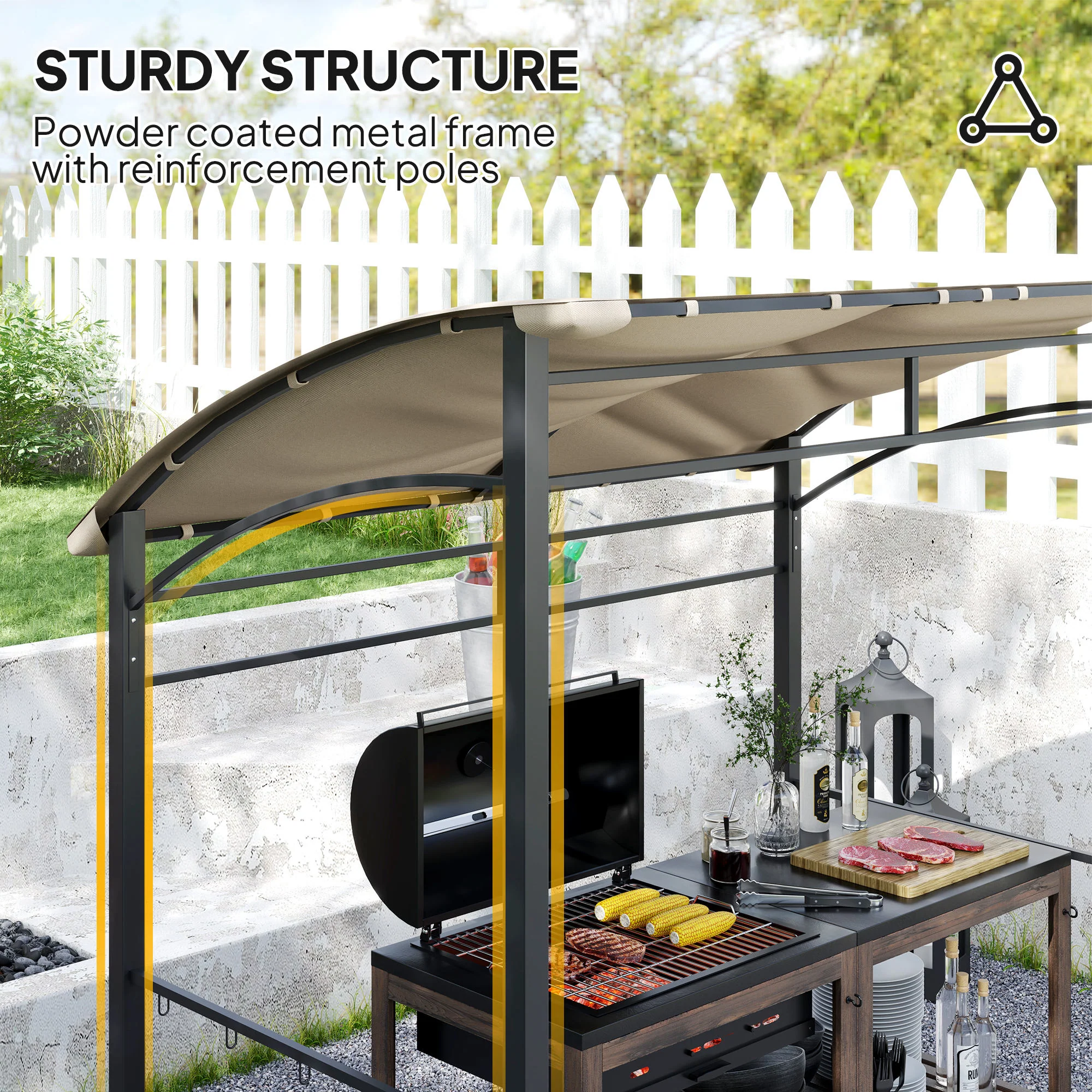 7.2' x 5' BBQ Grill Gazebo Tent with Metal Frame, Curved Canopy & 10 Hooks, Khaki - Image 8