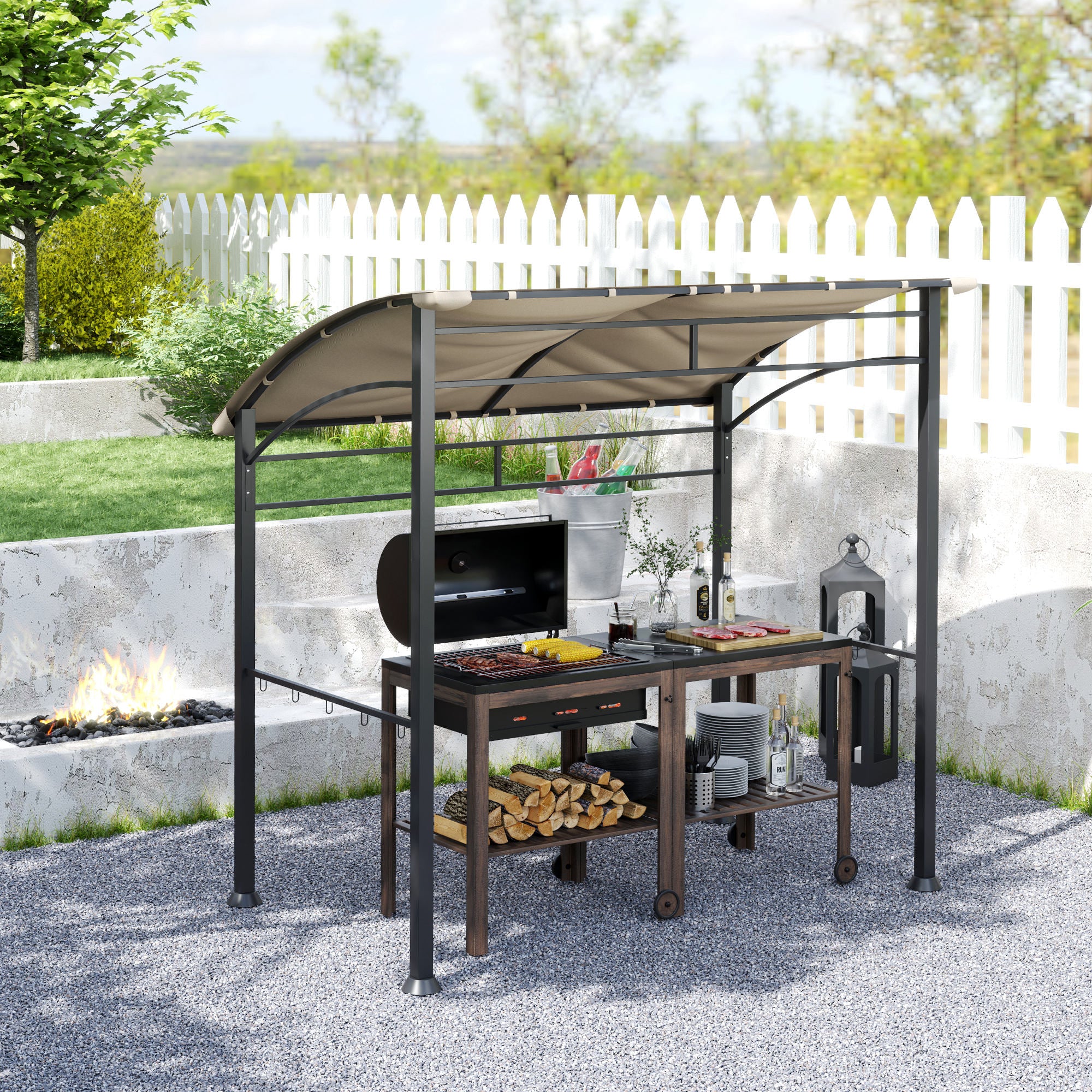 7.2' x 5' BBQ Grill Gazebo Tent with Metal Frame, Curved Canopy & 10 Hooks, Khaki - Image 9