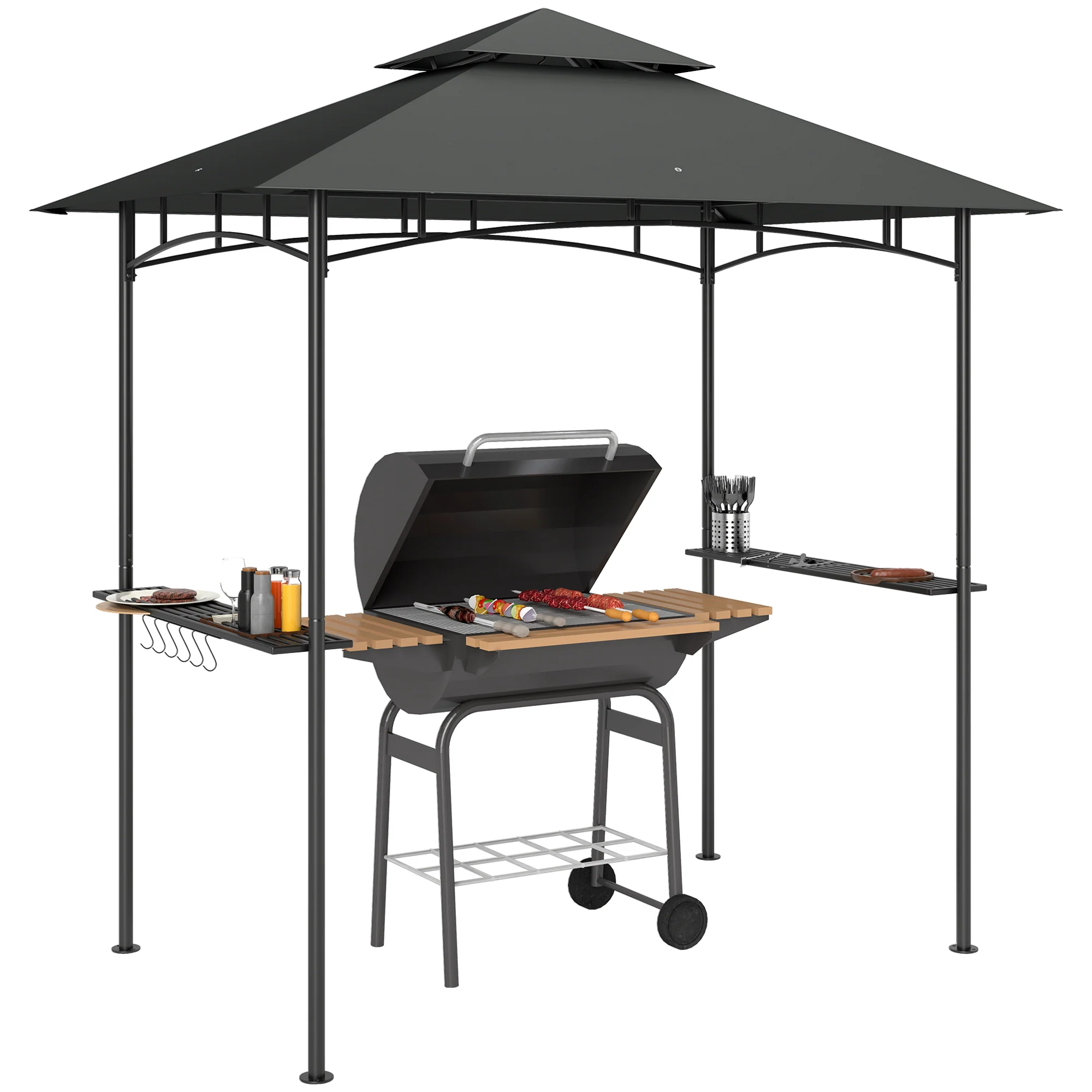 8' x 5' Grill Gazebo Canopy with LED Lights, 2 Side Shelves, Basket & Hooks for Picnic, Dark Grey