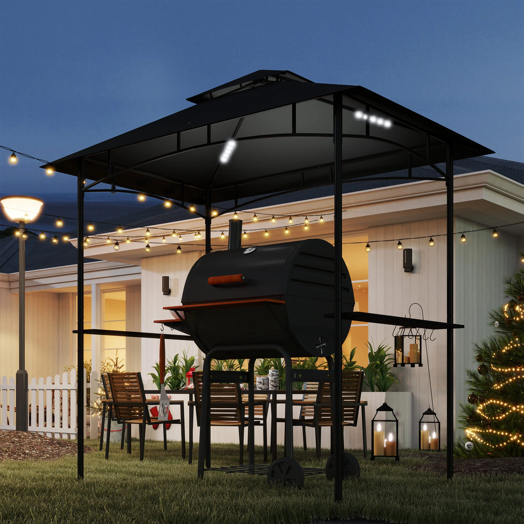 8' x 5' Grill Gazebo Canopy with LED Lights, 2 Side Shelves, Basket & Hooks for Picnic, Dark Grey - Image 10