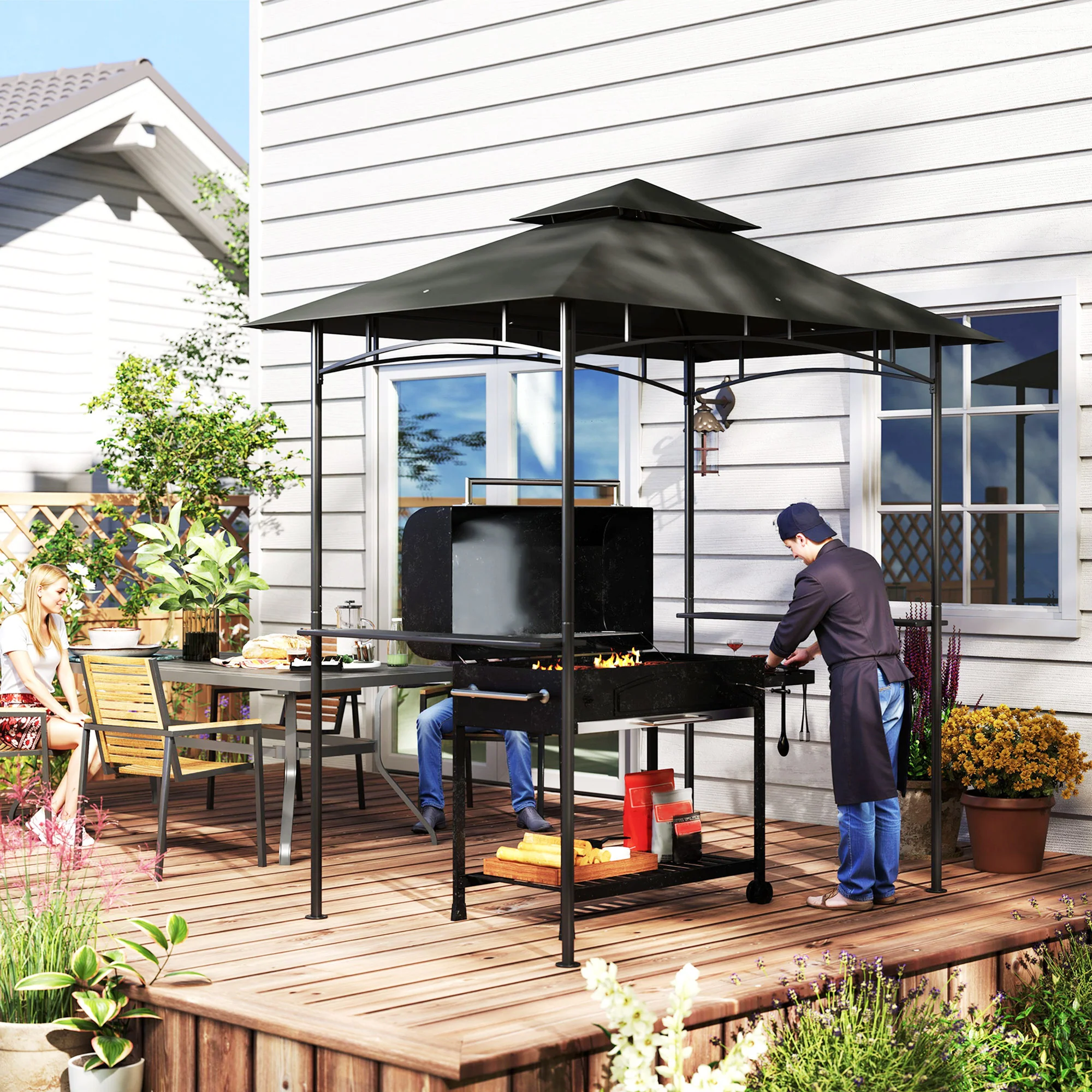 8' x 5' Grill Gazebo Canopy with LED Lights, 2 Side Shelves, Basket & Hooks for Picnic, Dark Grey - Image 11
