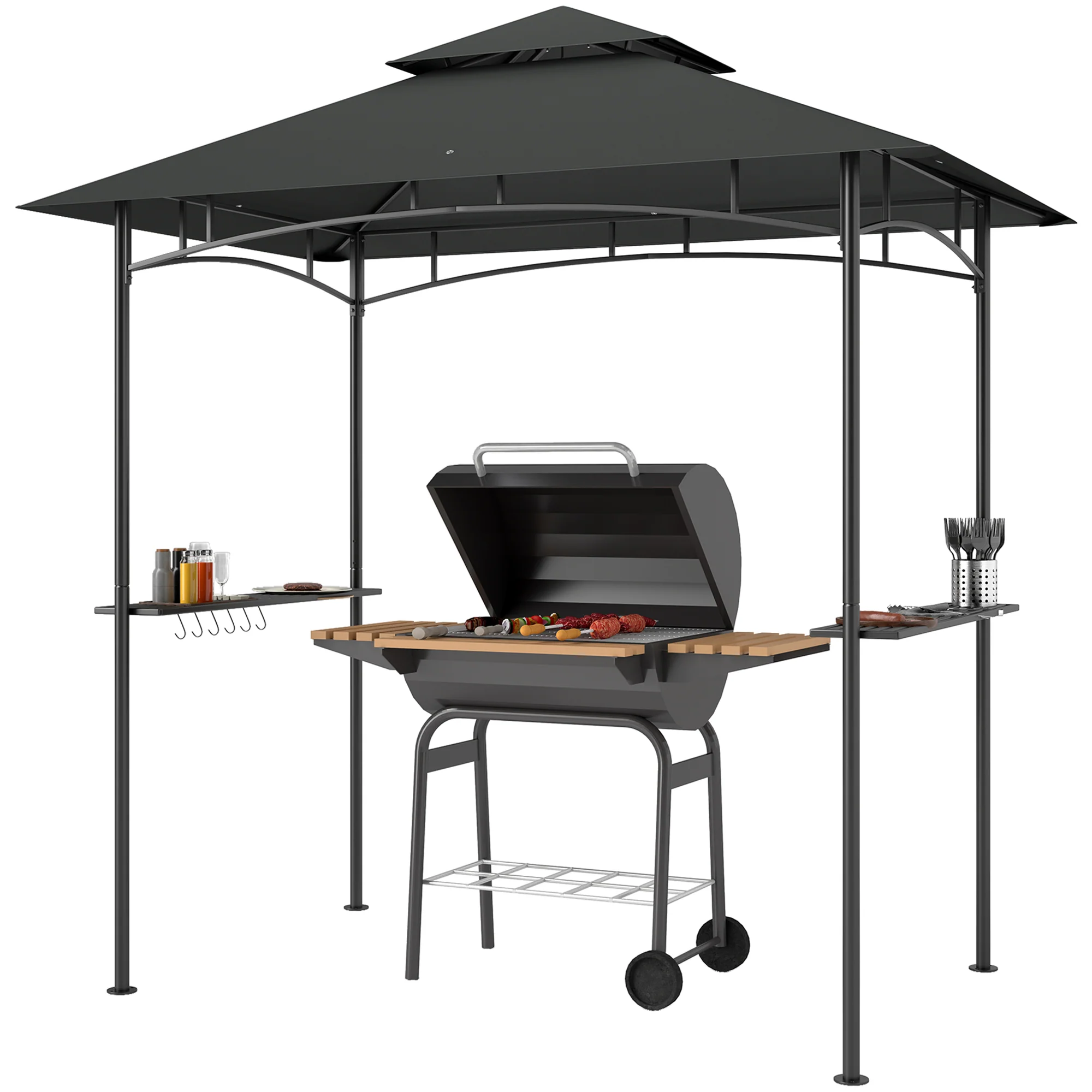 8' x 5' Grill Gazebo Canopy with LED Lights, 2 Side Shelves, Basket & Hooks for Picnic, Dark Grey - Image 2