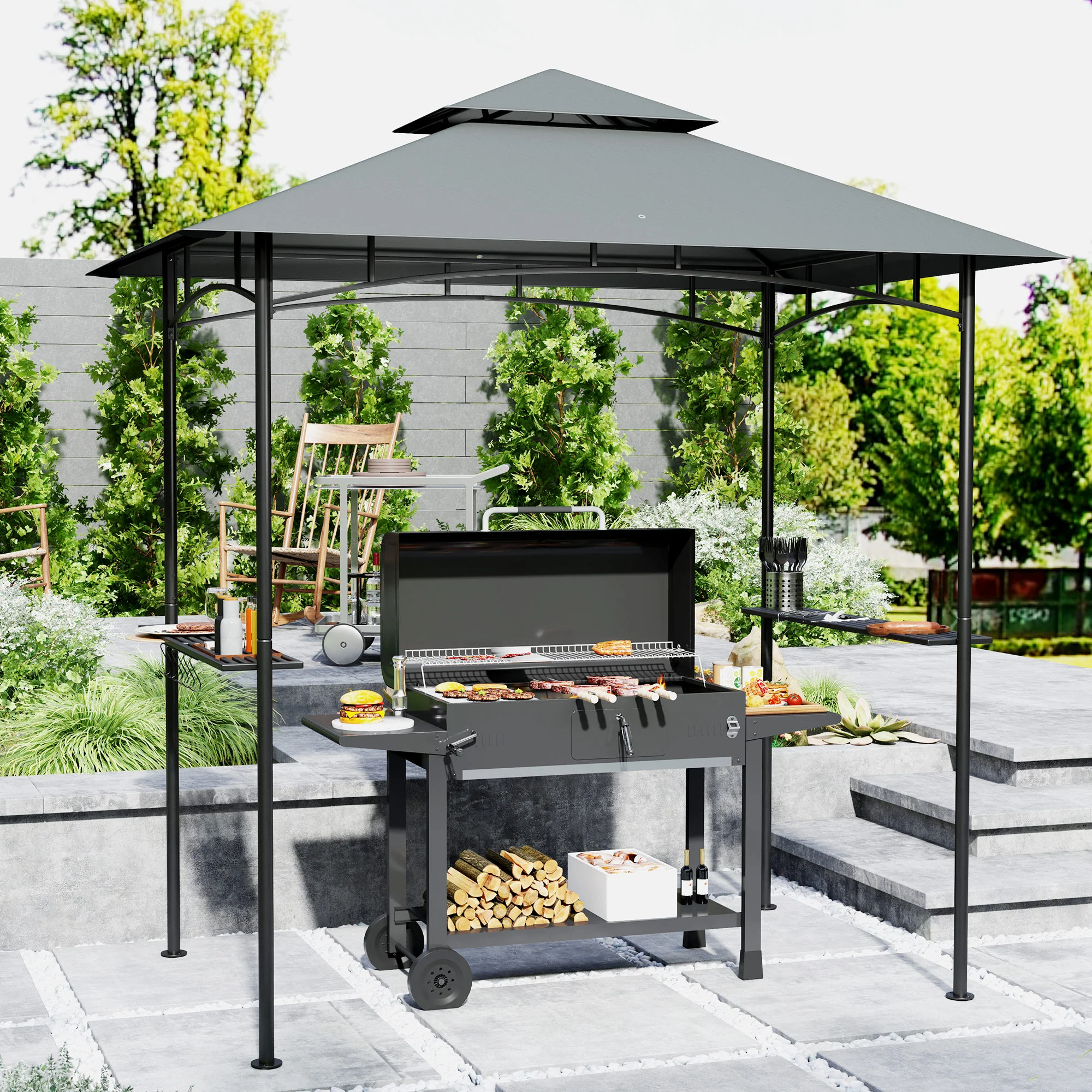 8' x 5' Grill Gazebo Canopy with LED Lights, 2 Side Shelves, Basket & Hooks for Picnic, Dark Grey - Image 3