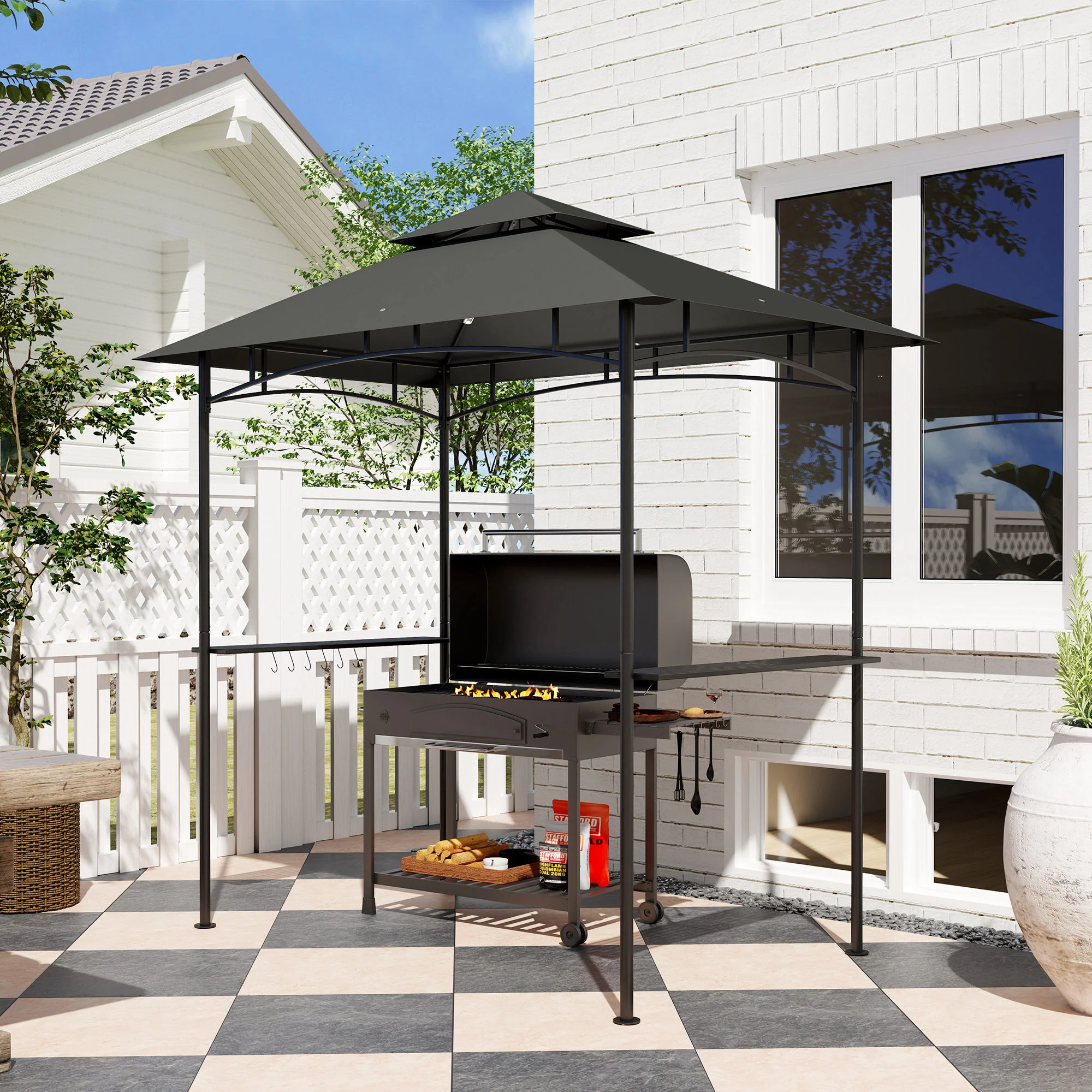 8' x 5' Grill Gazebo Canopy with LED Lights, 2 Side Shelves, Basket & Hooks for Picnic, Dark Grey - Image 4