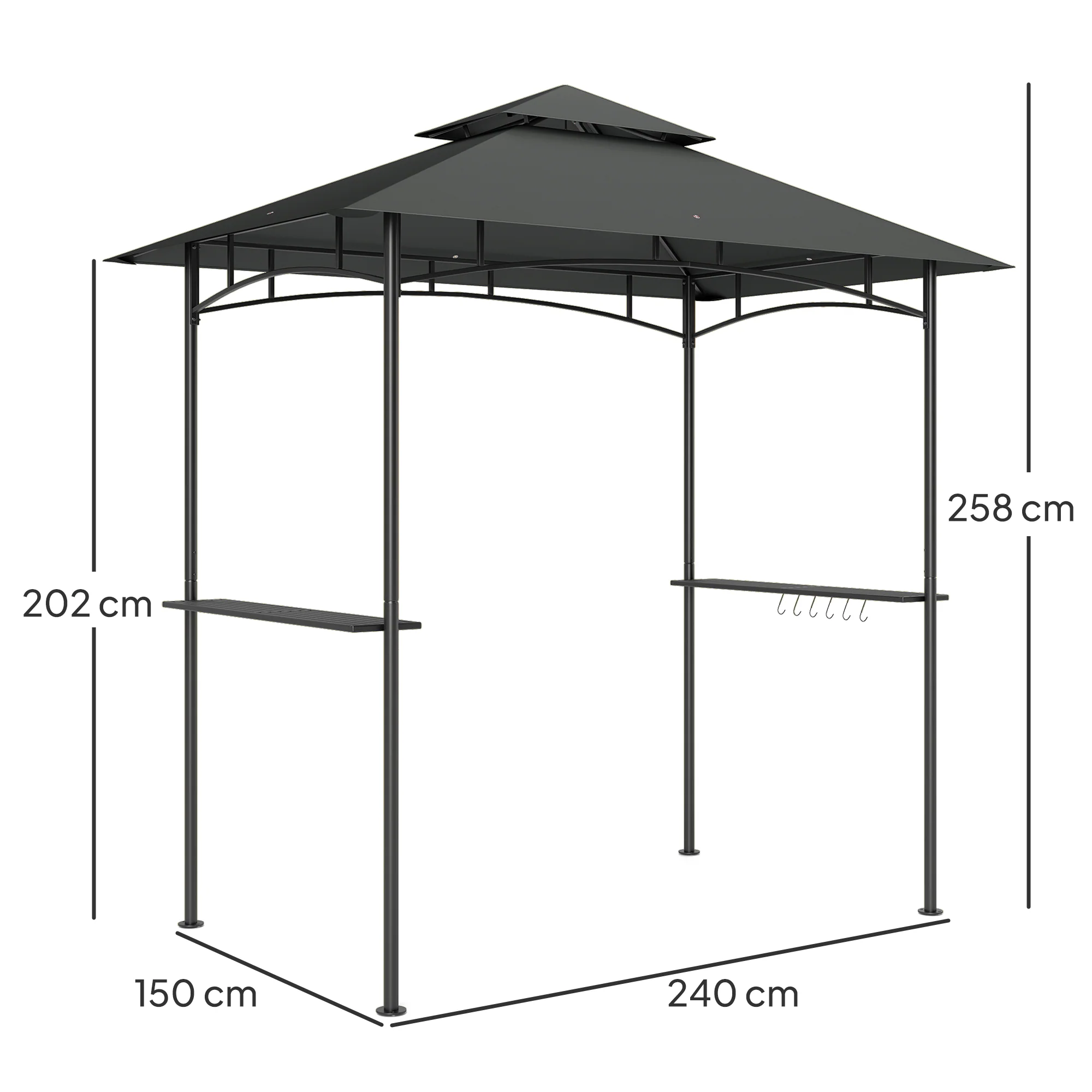 8' x 5' Grill Gazebo Canopy with LED Lights, 2 Side Shelves, Basket & Hooks for Picnic, Dark Grey - Image 5