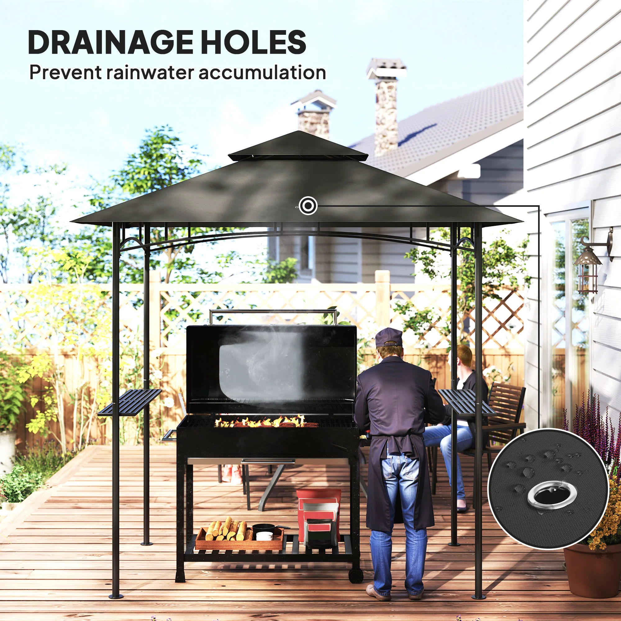 8' x 5' Grill Gazebo Canopy with LED Lights, 2 Side Shelves, Basket & Hooks for Picnic, Dark Grey - Image 7