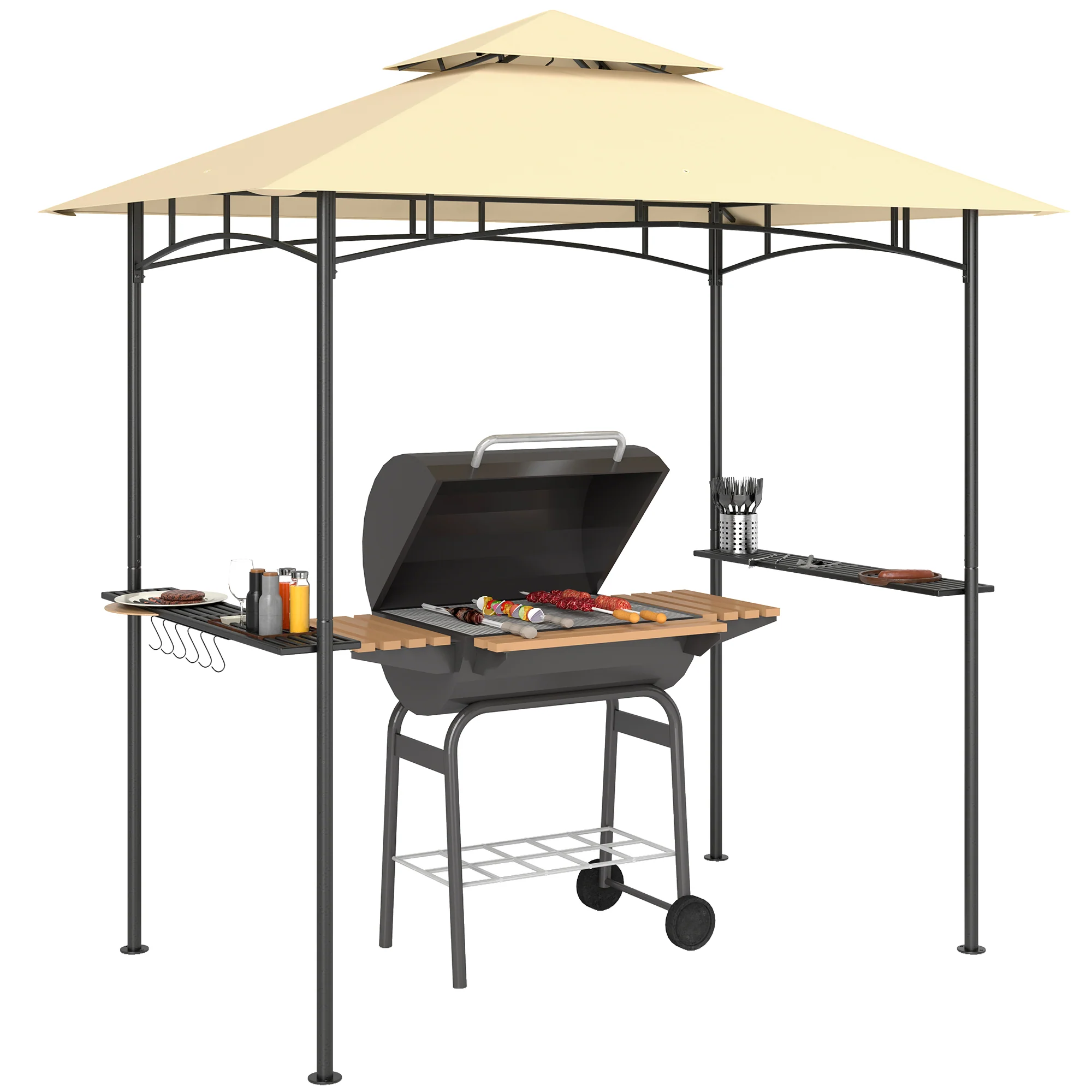 8' x 5' Grill Gazebo Canopy with LED Lights, 2 Side Shelves, Basket & Hooks for Picnic, Beige
