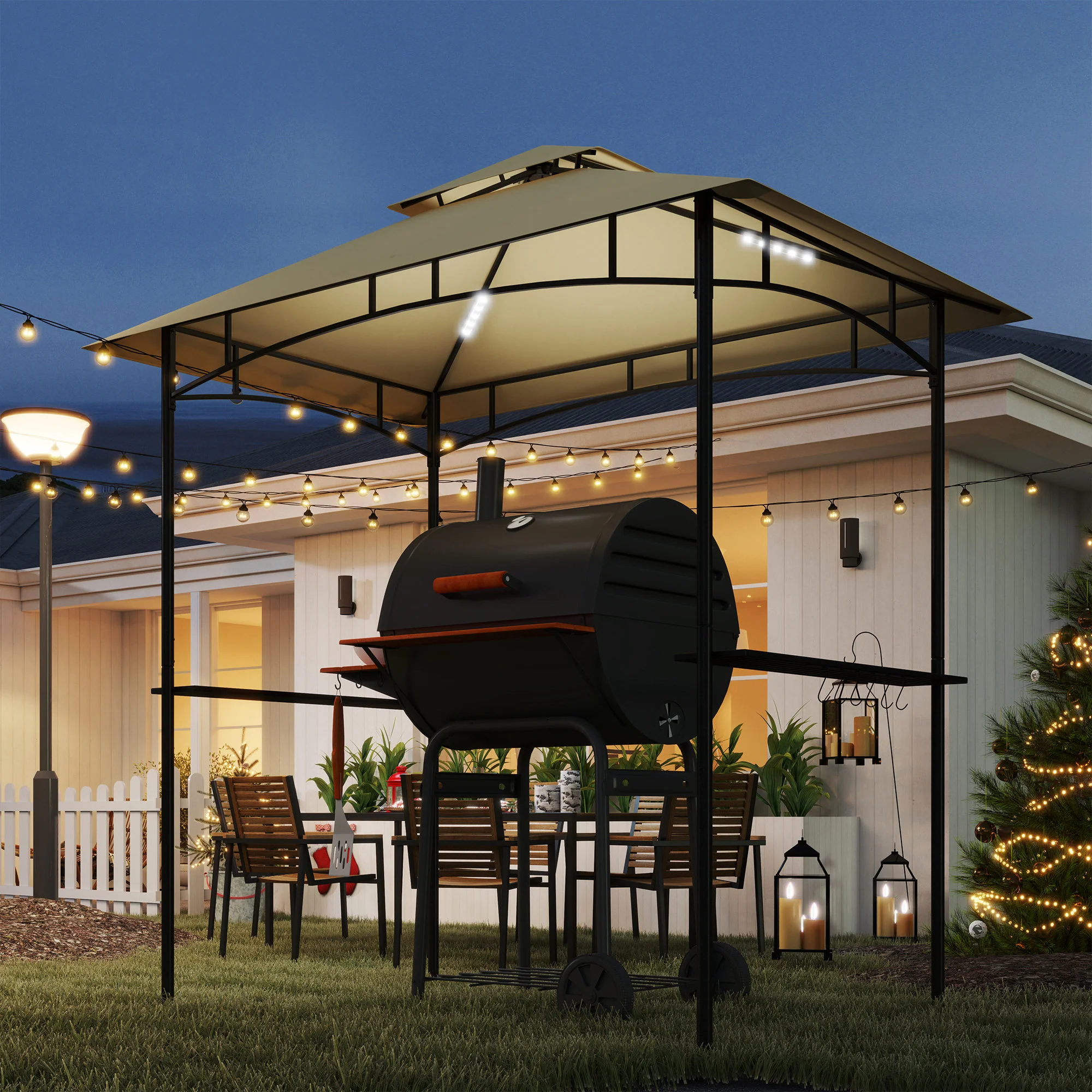 8' x 5' Grill Gazebo Canopy with LED Lights, 2 Side Shelves, Basket & Hooks for Picnic, Beige - Image 10