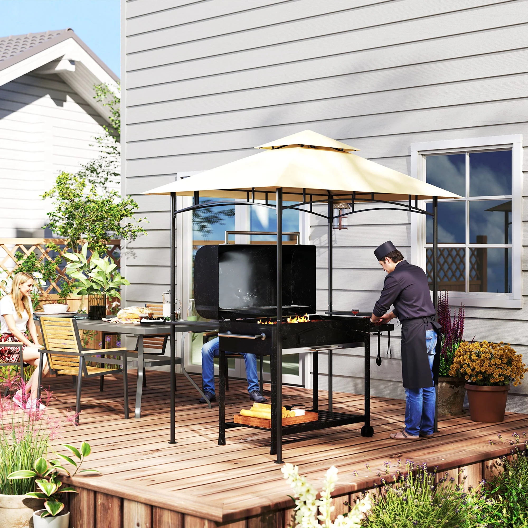 8' x 5' Grill Gazebo Canopy with LED Lights, 2 Side Shelves, Basket & Hooks for Picnic, Beige - Image 11