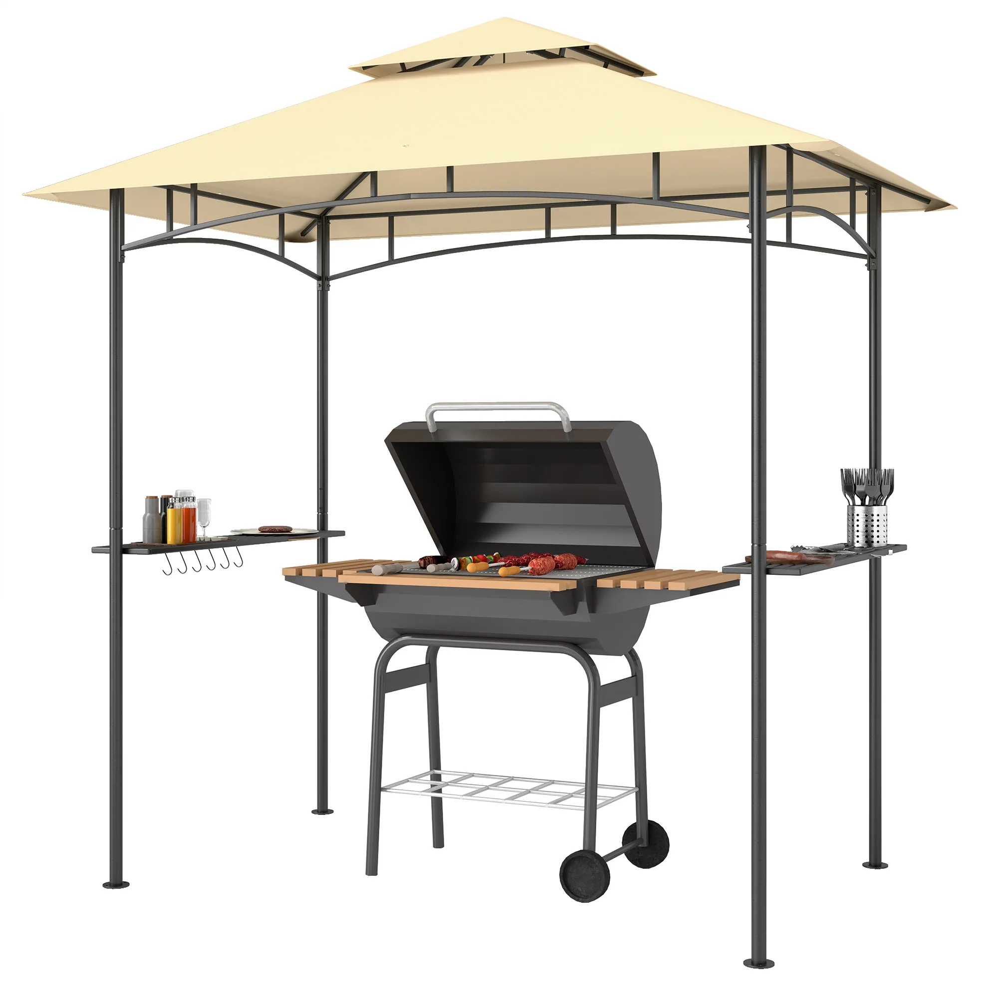 8' x 5' Grill Gazebo Canopy with LED Lights, 2 Side Shelves, Basket & Hooks for Picnic, Beige - Image 2