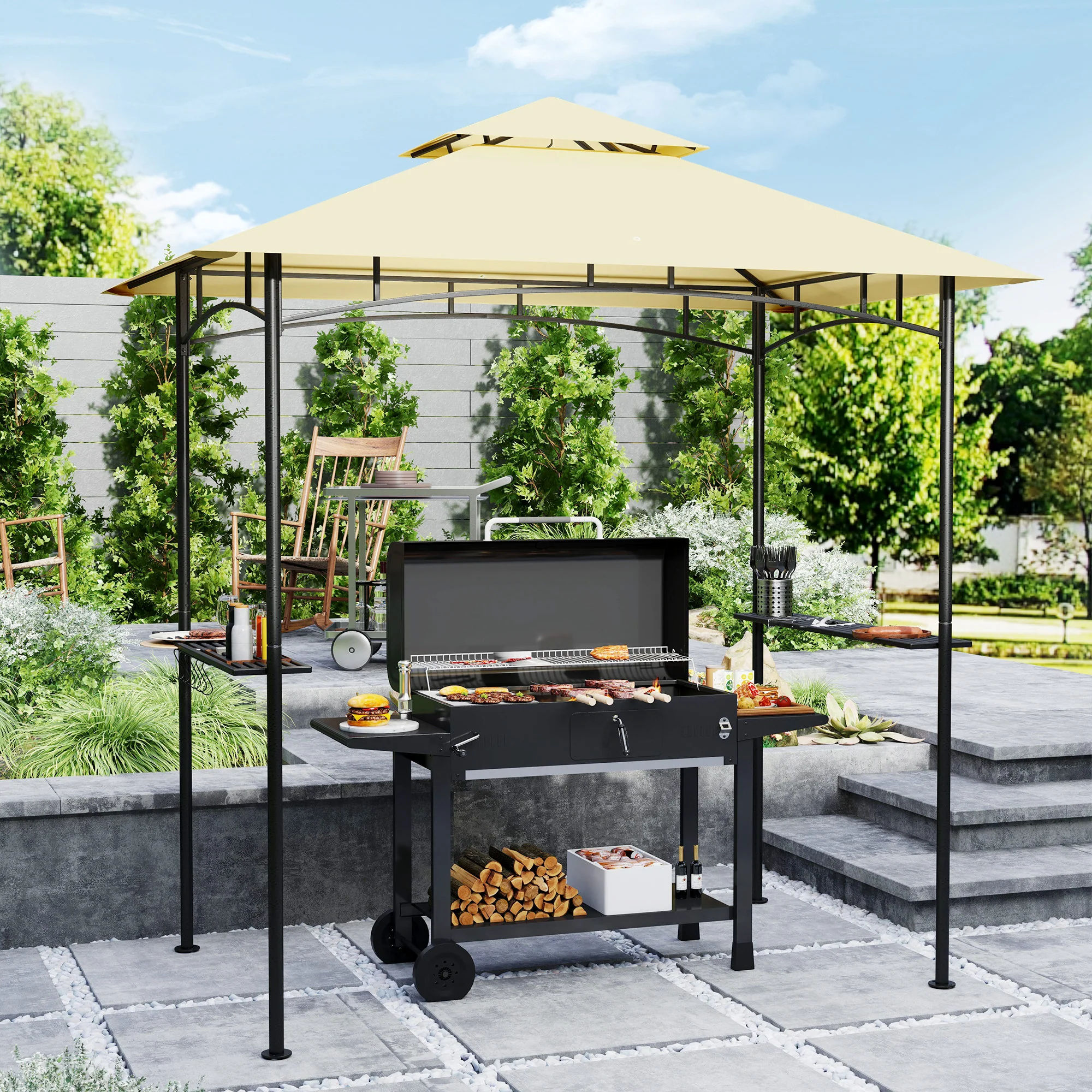8' x 5' Grill Gazebo Canopy with LED Lights, 2 Side Shelves, Basket & Hooks for Picnic, Beige - Image 3