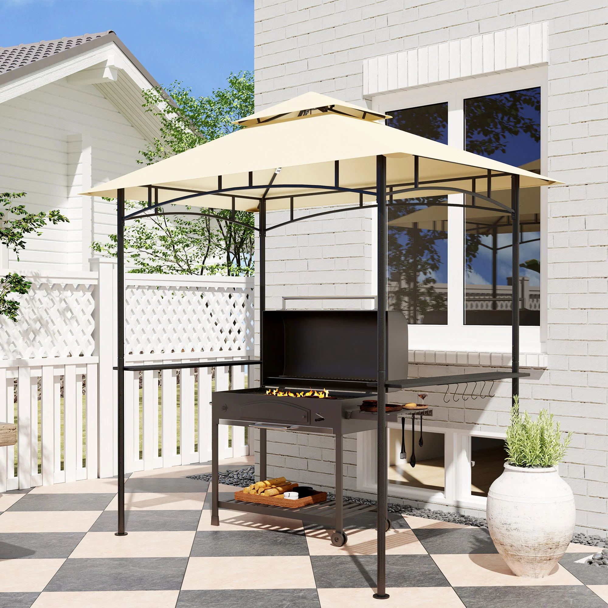 8' x 5' Grill Gazebo Canopy with LED Lights, 2 Side Shelves, Basket & Hooks for Picnic, Beige - Image 4