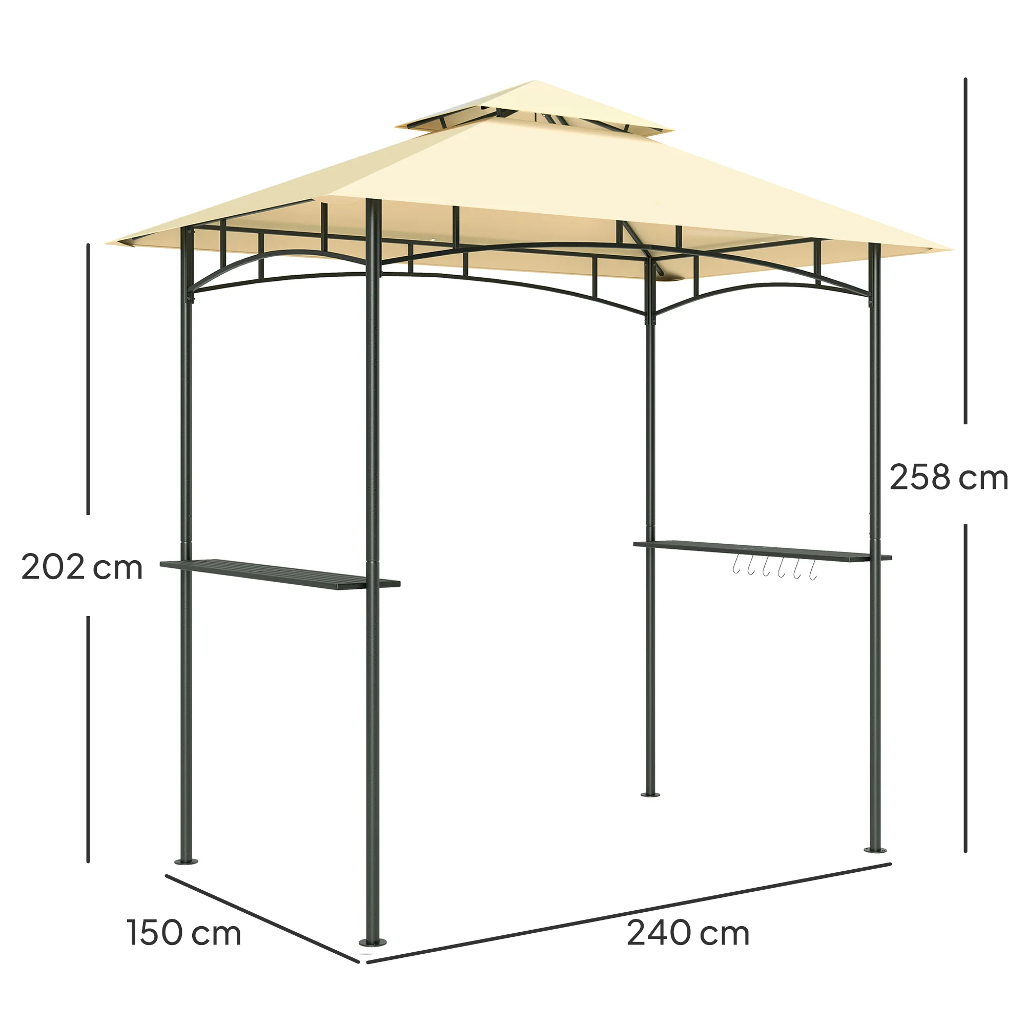 8' x 5' Grill Gazebo Canopy with LED Lights, 2 Side Shelves, Basket & Hooks for Picnic, Beige - Image 5