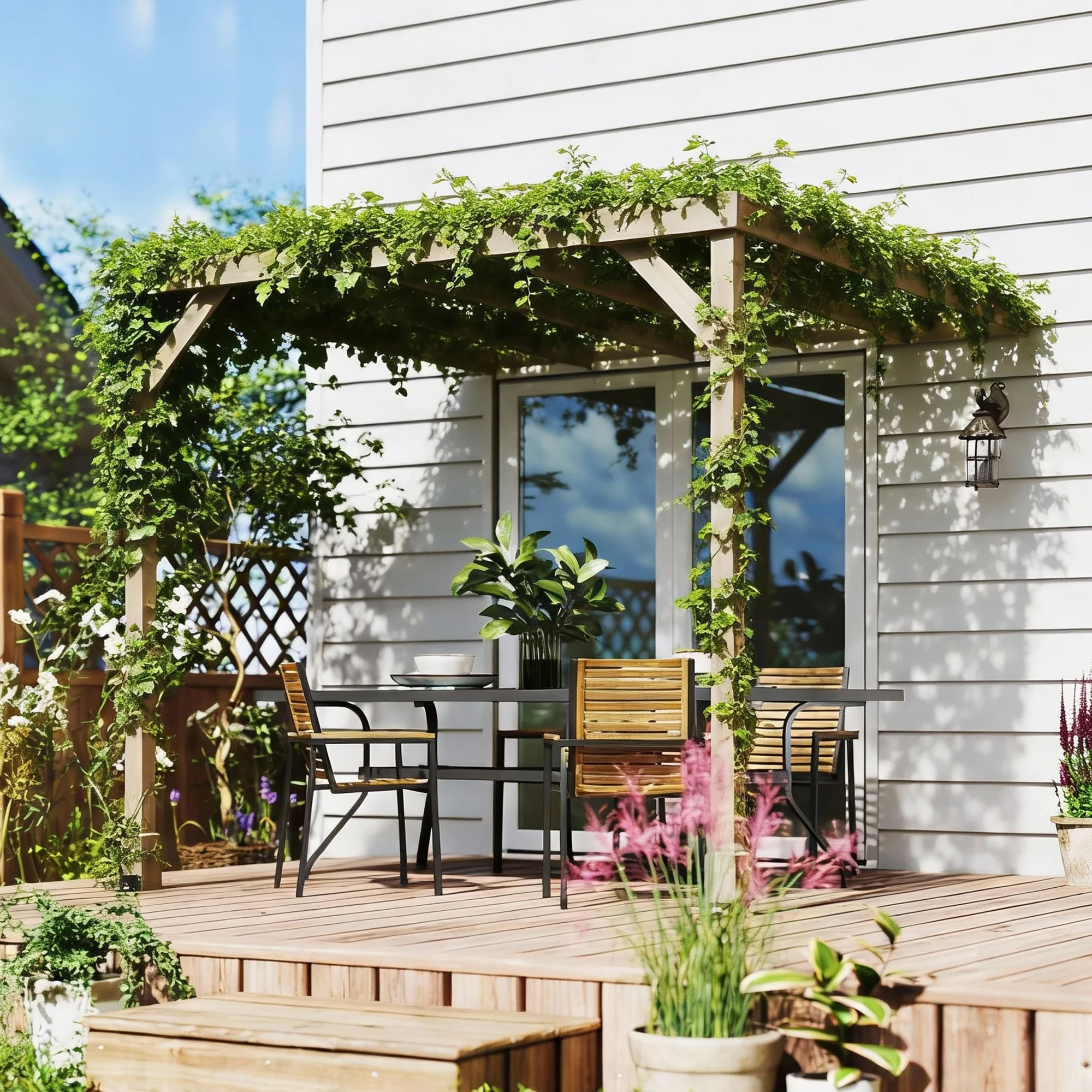 2.4 x 2.4m Lean-To Wooden Pergola Kit with Stable Structure and Grape Trellis for Climbing Vines, Flowers, Light Brown - Image 11
