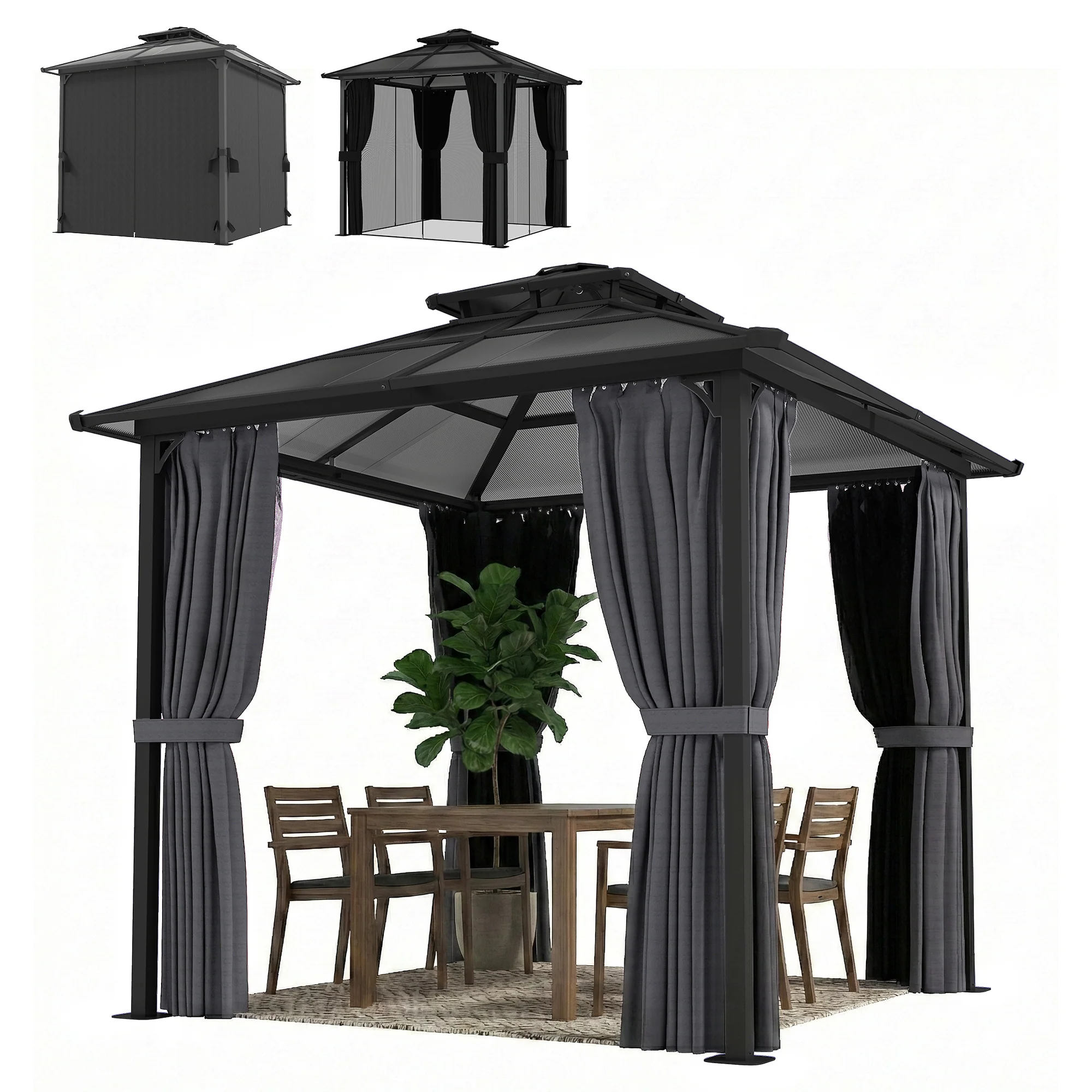 2.5 x 2.5 m Hardtop Gazebo with Double Roof, Netting & Curtains, Dark Grey - Image 2