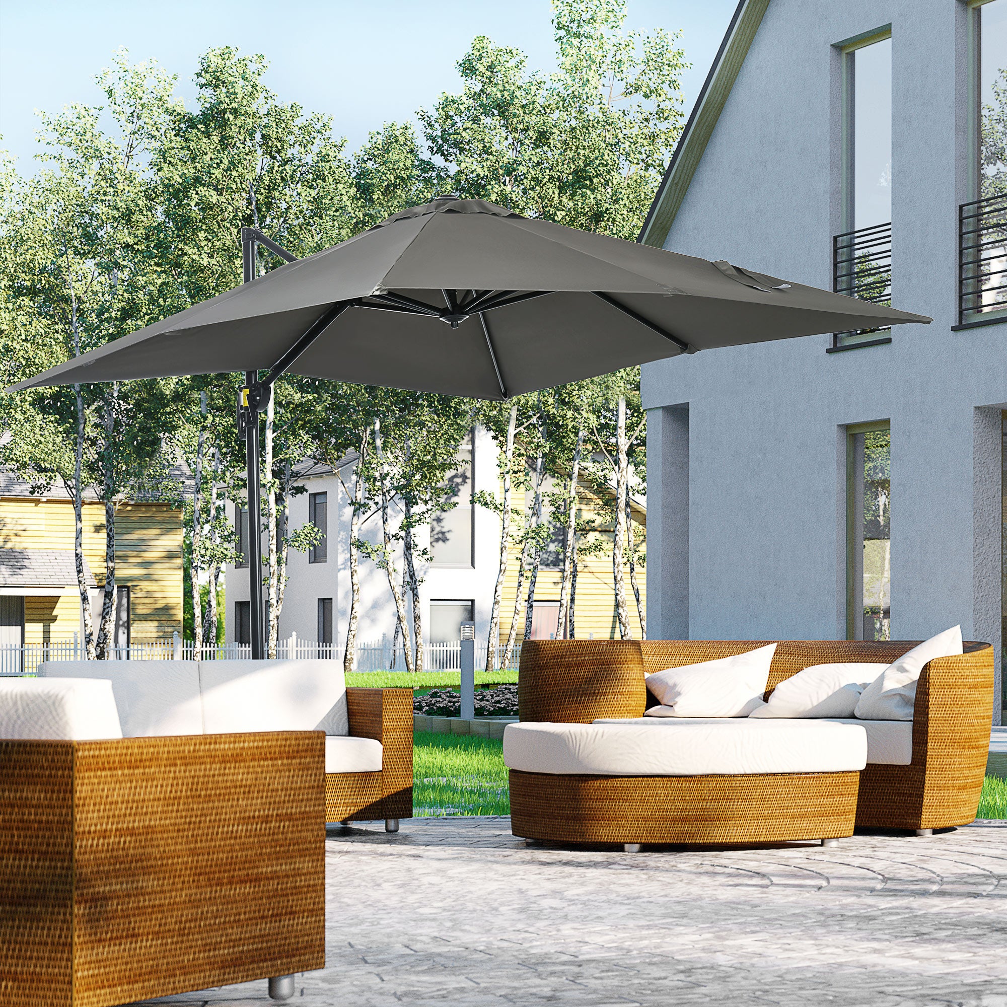 2.5 x 2.5m Aluminium Patio Offset Parasol with 360° Rotation, Crank & Cross Base, Grey - Image 3