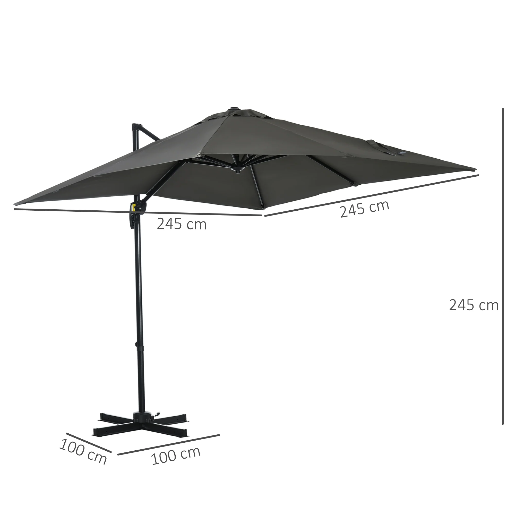 2.5 x 2.5m Aluminium Patio Offset Parasol with 360° Rotation, Crank & Cross Base, Grey - Image 5