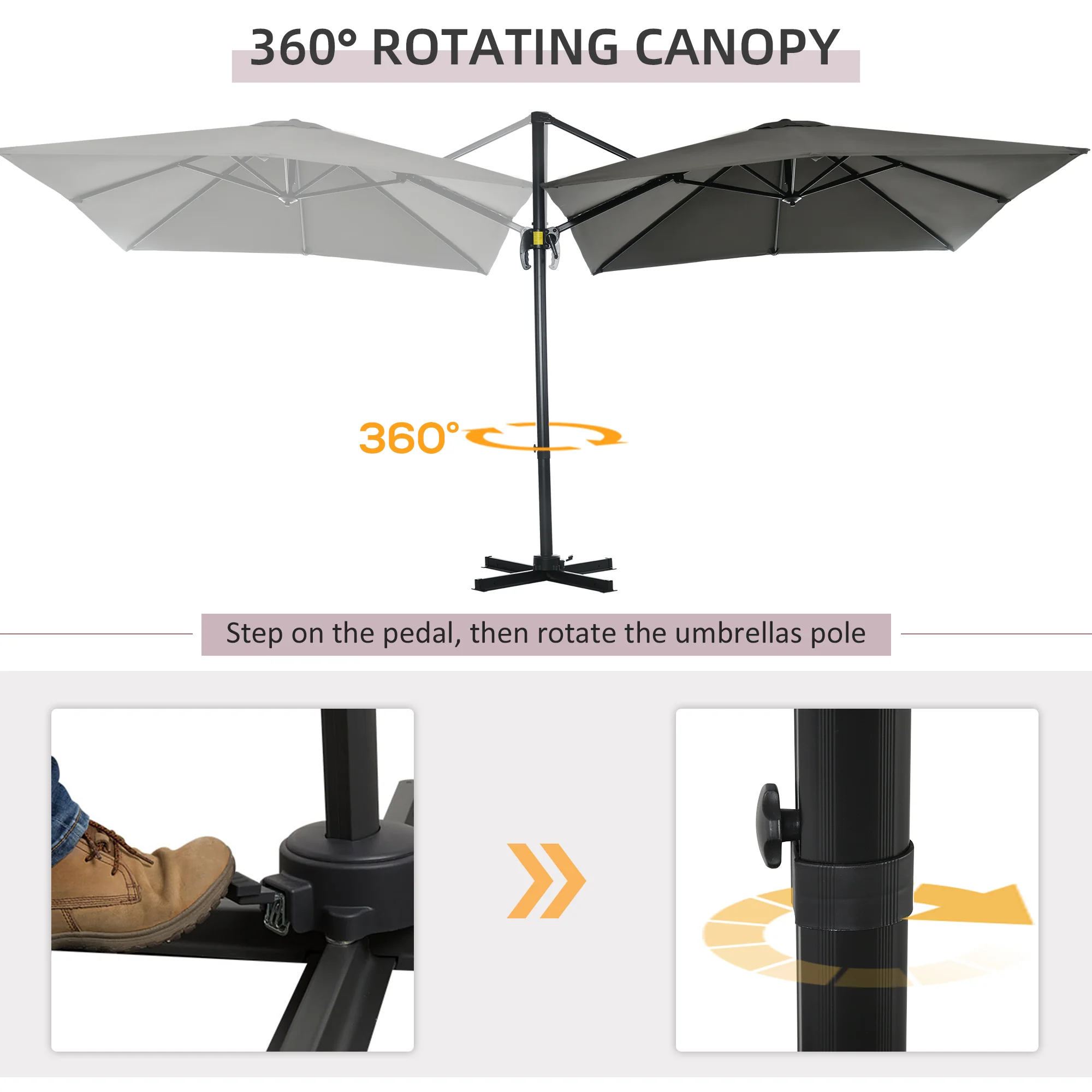 2.5 x 2.5m Aluminium Patio Offset Parasol with 360° Rotation, Crank & Cross Base, Grey - Image 6