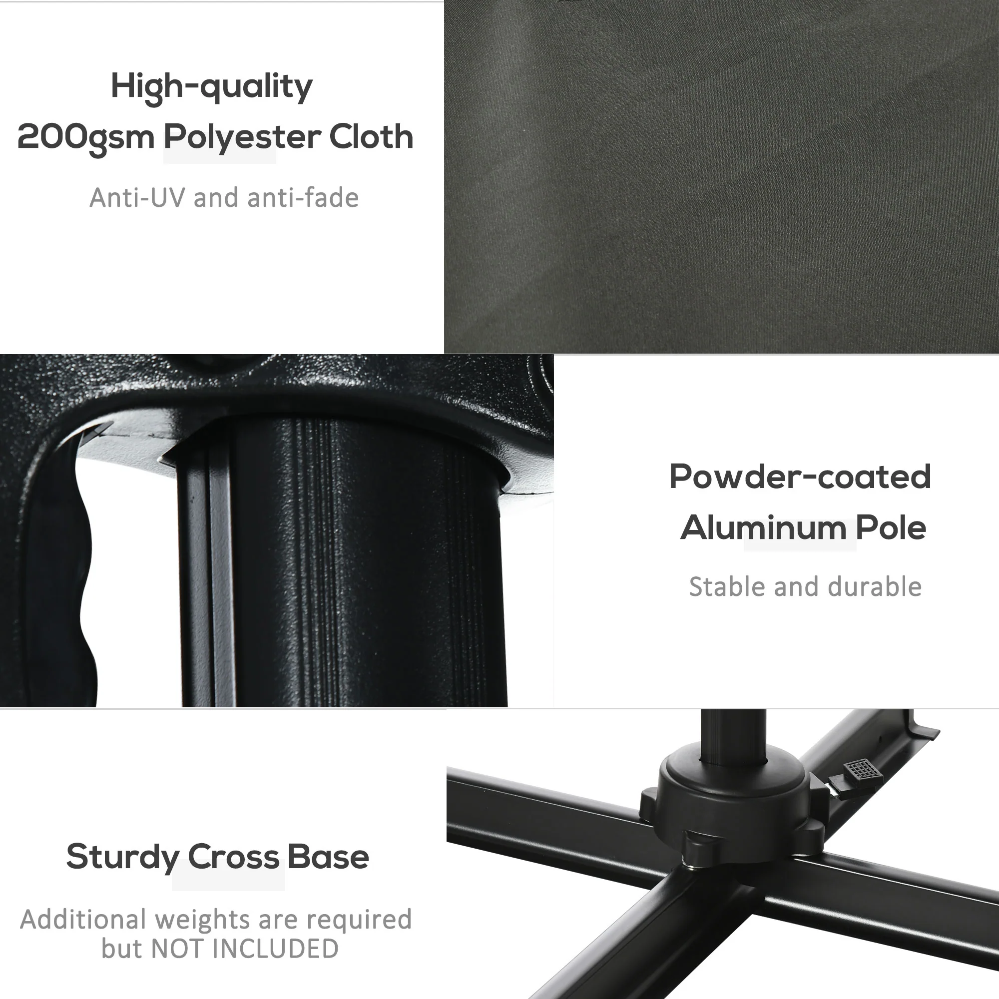 2.5 x 2.5m Aluminium Patio Offset Parasol with 360° Rotation, Crank & Cross Base, Grey - Image 9
