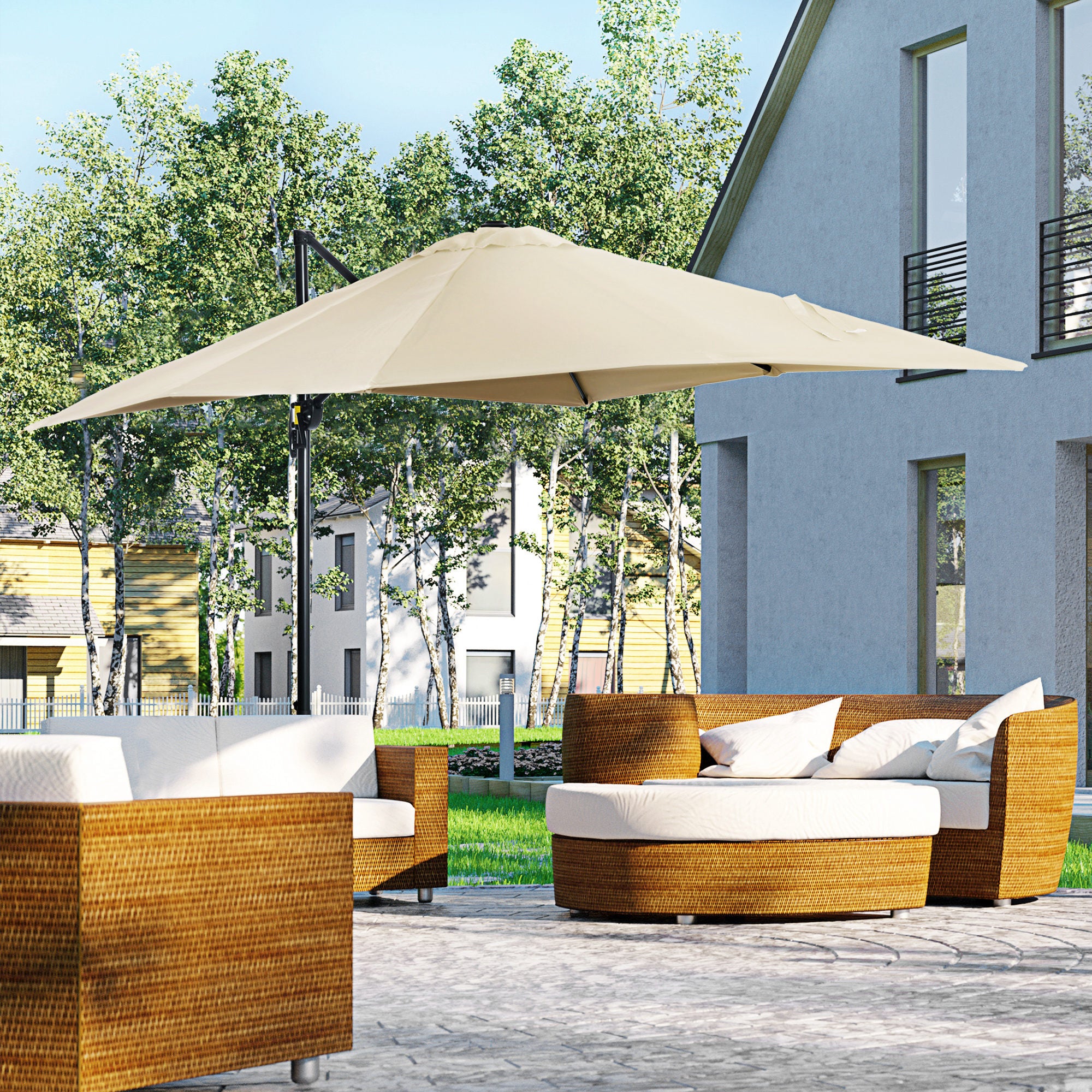 2.5 x 2.5m Aluminium Patio Offset Parasol with 360° Rotation, Crank & Cross Base, Cream White - Image 4