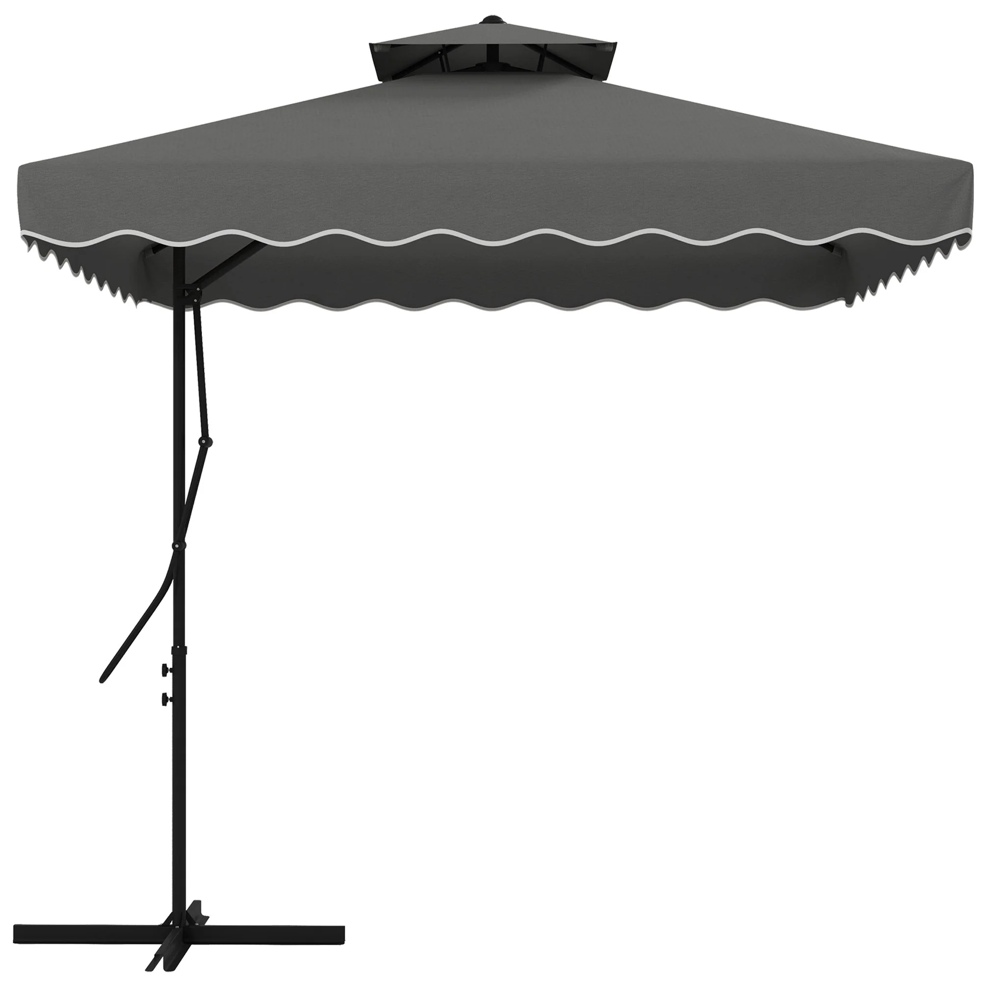 2.5m Square Patio Double Top Cantilever Umbrella with Cross Base and Ruffles, Dark Grey