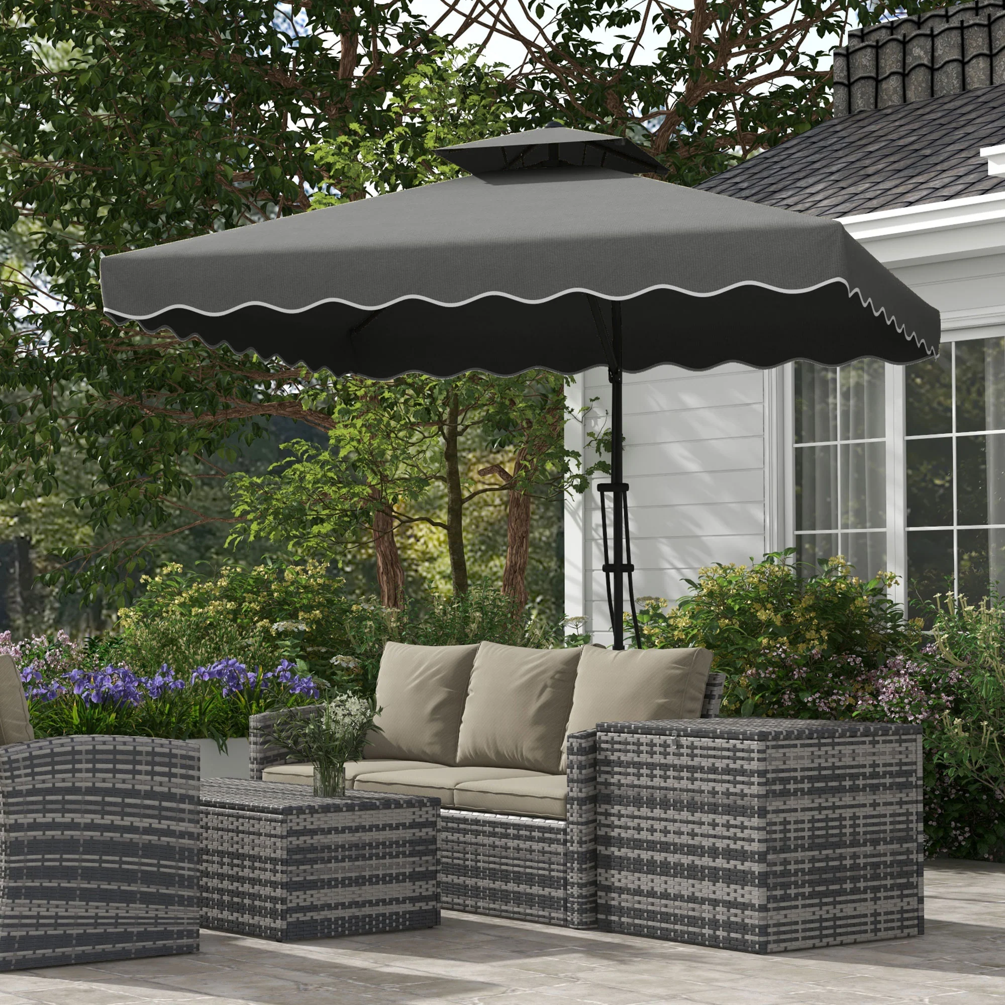 2.5m Square Patio Double Top Cantilever Umbrella with Cross Base and Ruffles, Dark Grey - Image 3