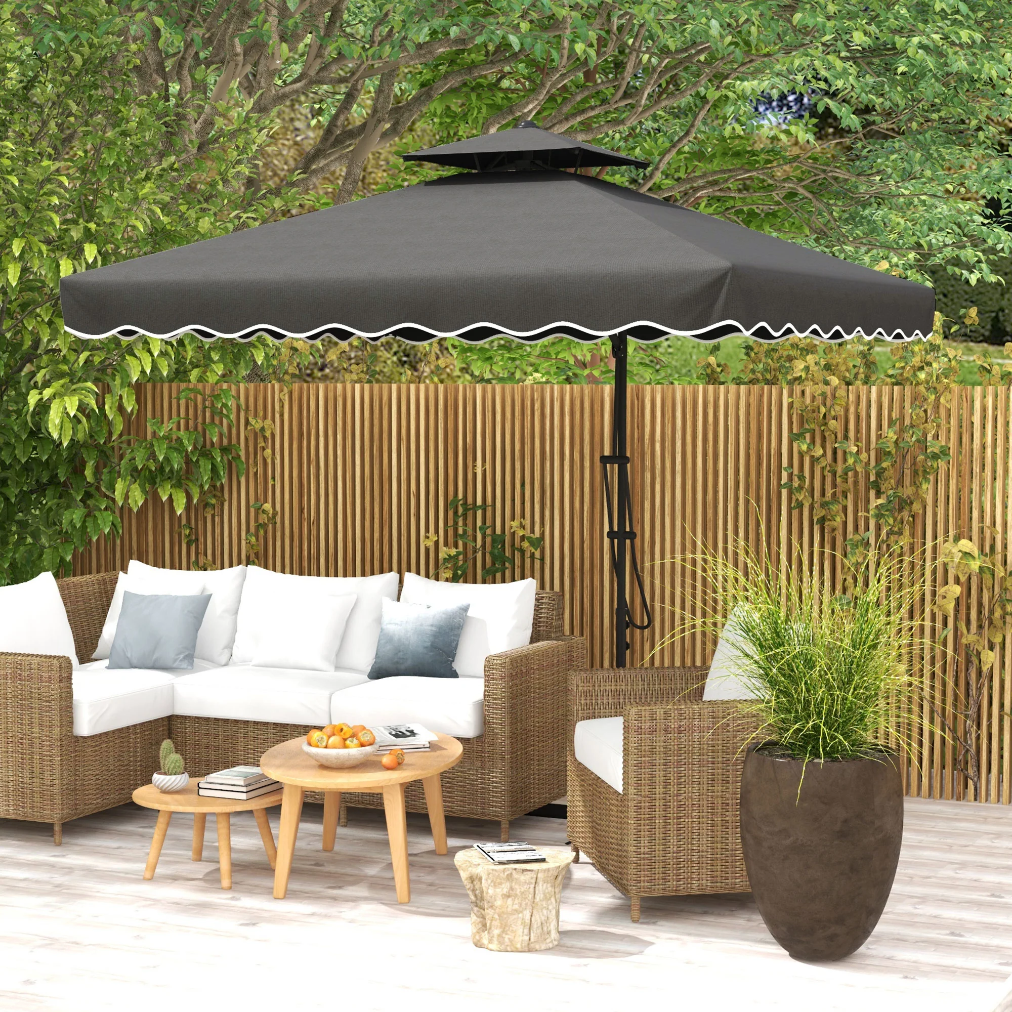 2.5m Square Patio Double Top Cantilever Umbrella with Cross Base and Ruffles, Dark Grey - Image 4