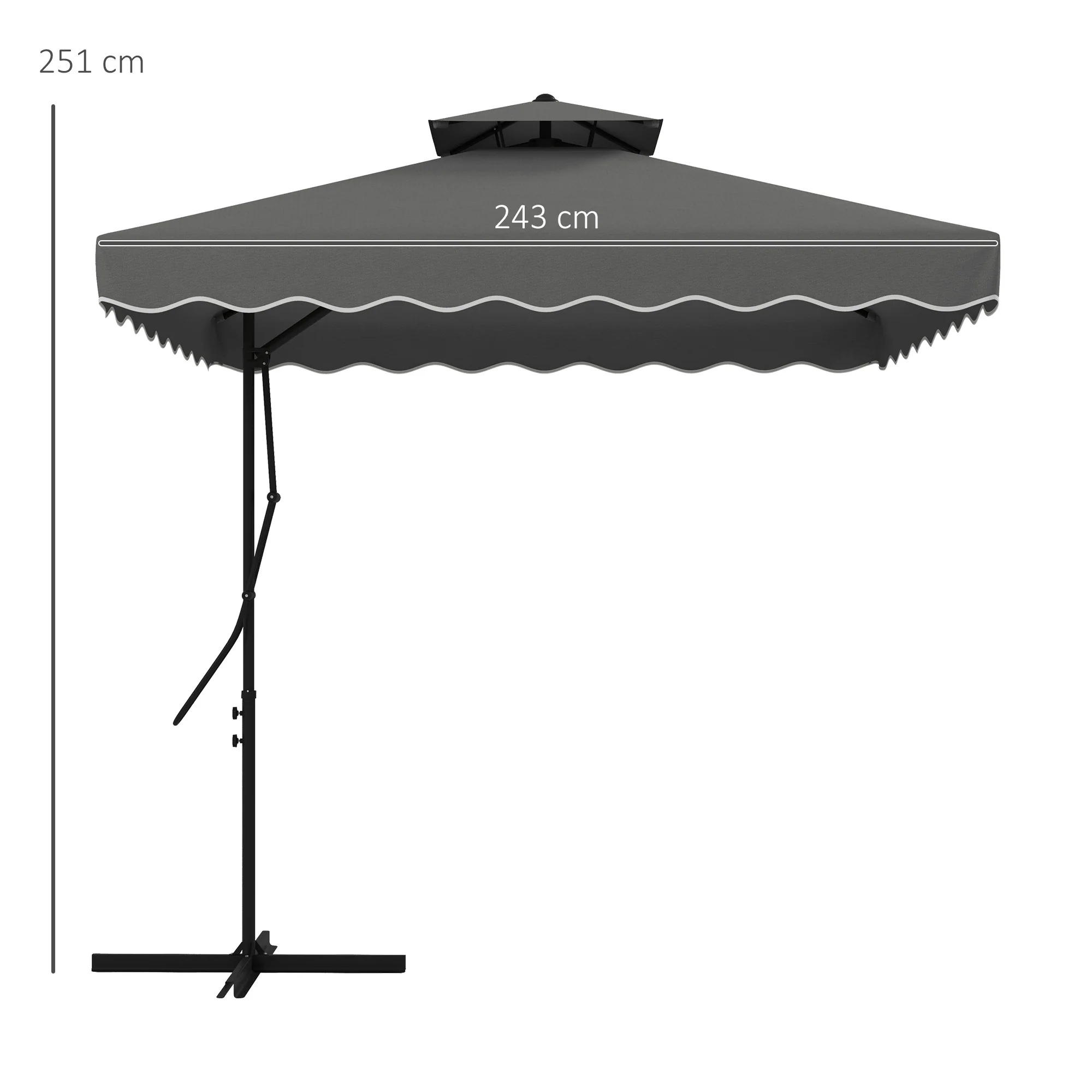 2.5m Square Patio Double Top Cantilever Umbrella with Cross Base and Ruffles, Dark Grey - Image 5