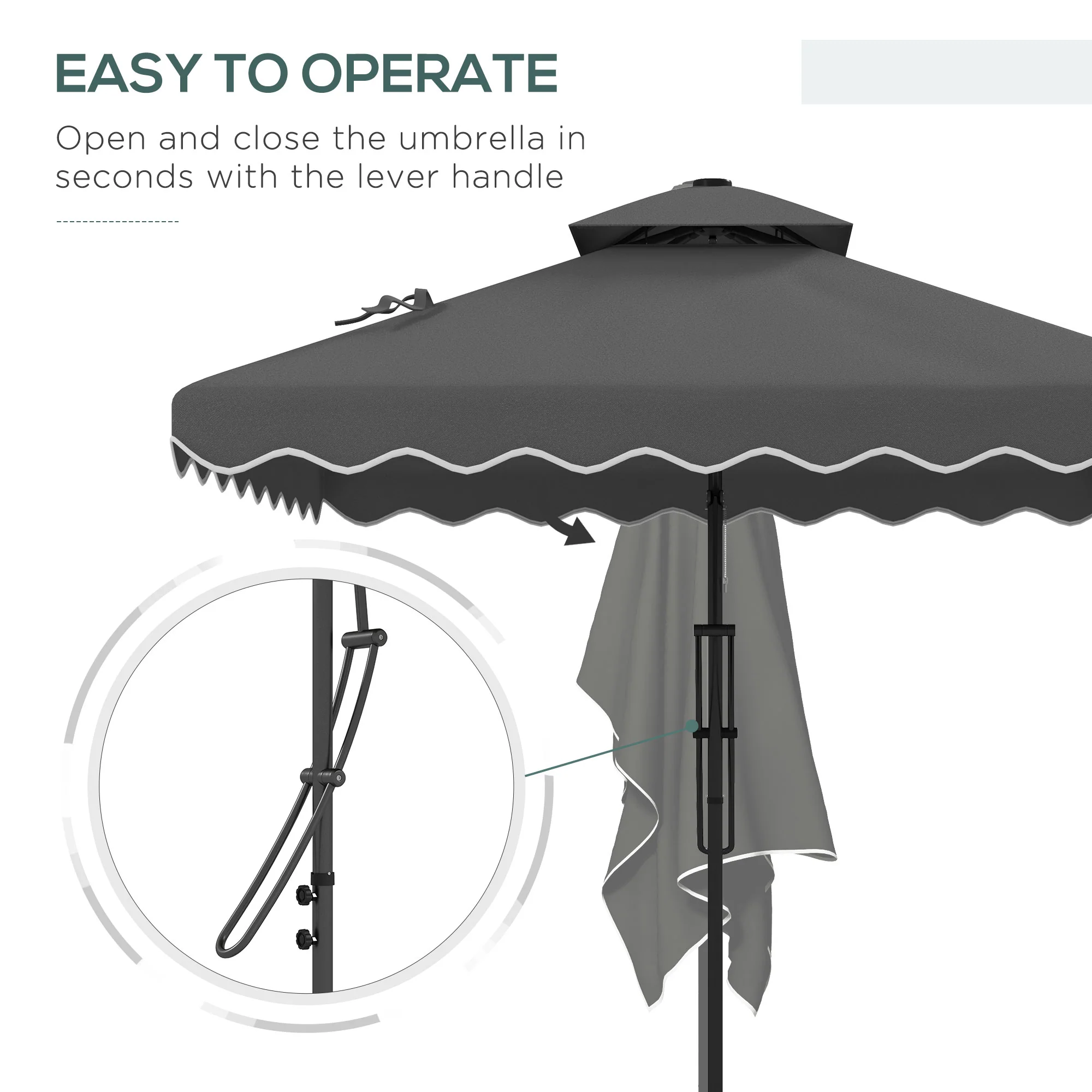2.5m Square Patio Double Top Cantilever Umbrella with Cross Base and Ruffles, Dark Grey - Image 6