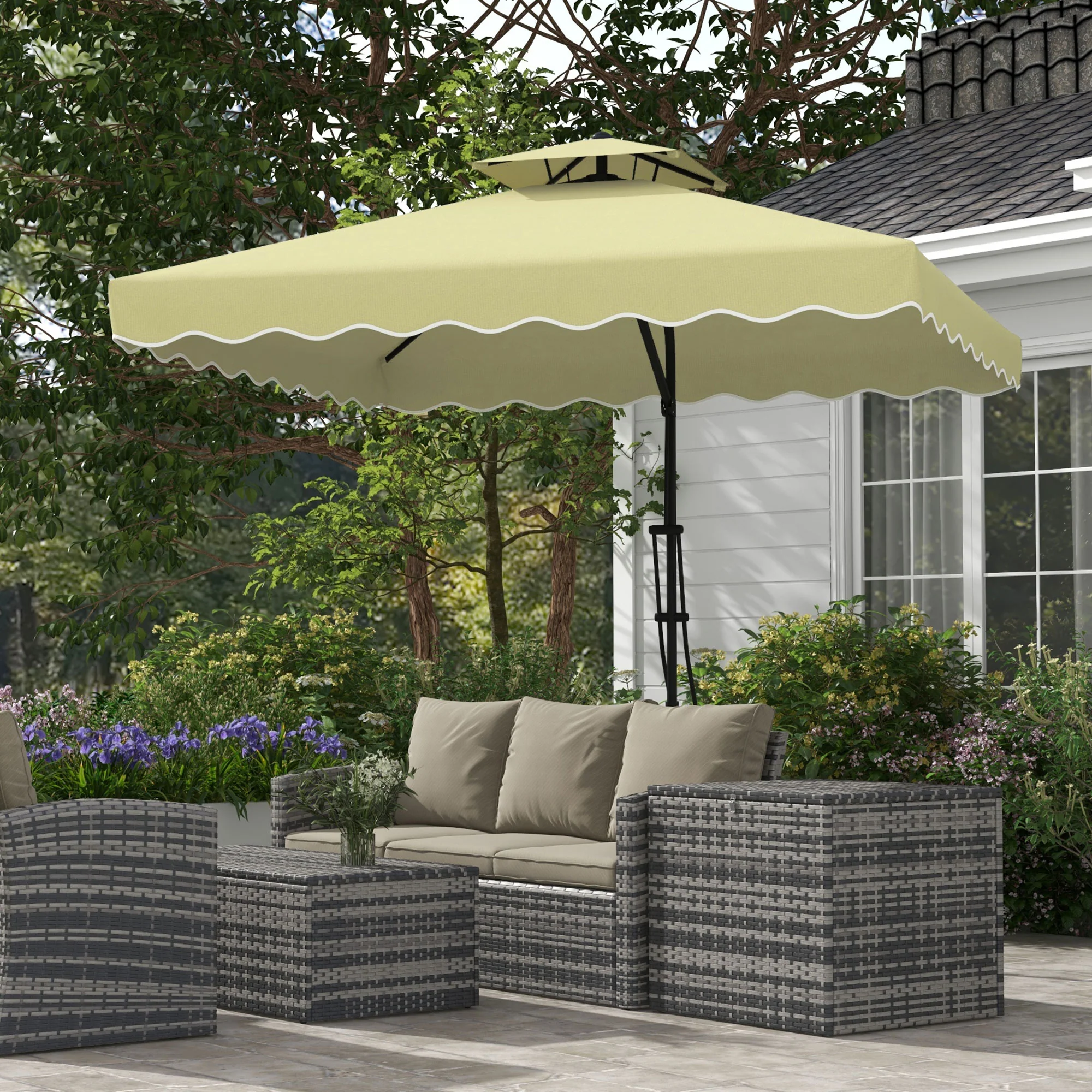 2.5m Square Patio Double Top Cantilever Umbrella with Cross Base and Ruffles, Beige - Image 3