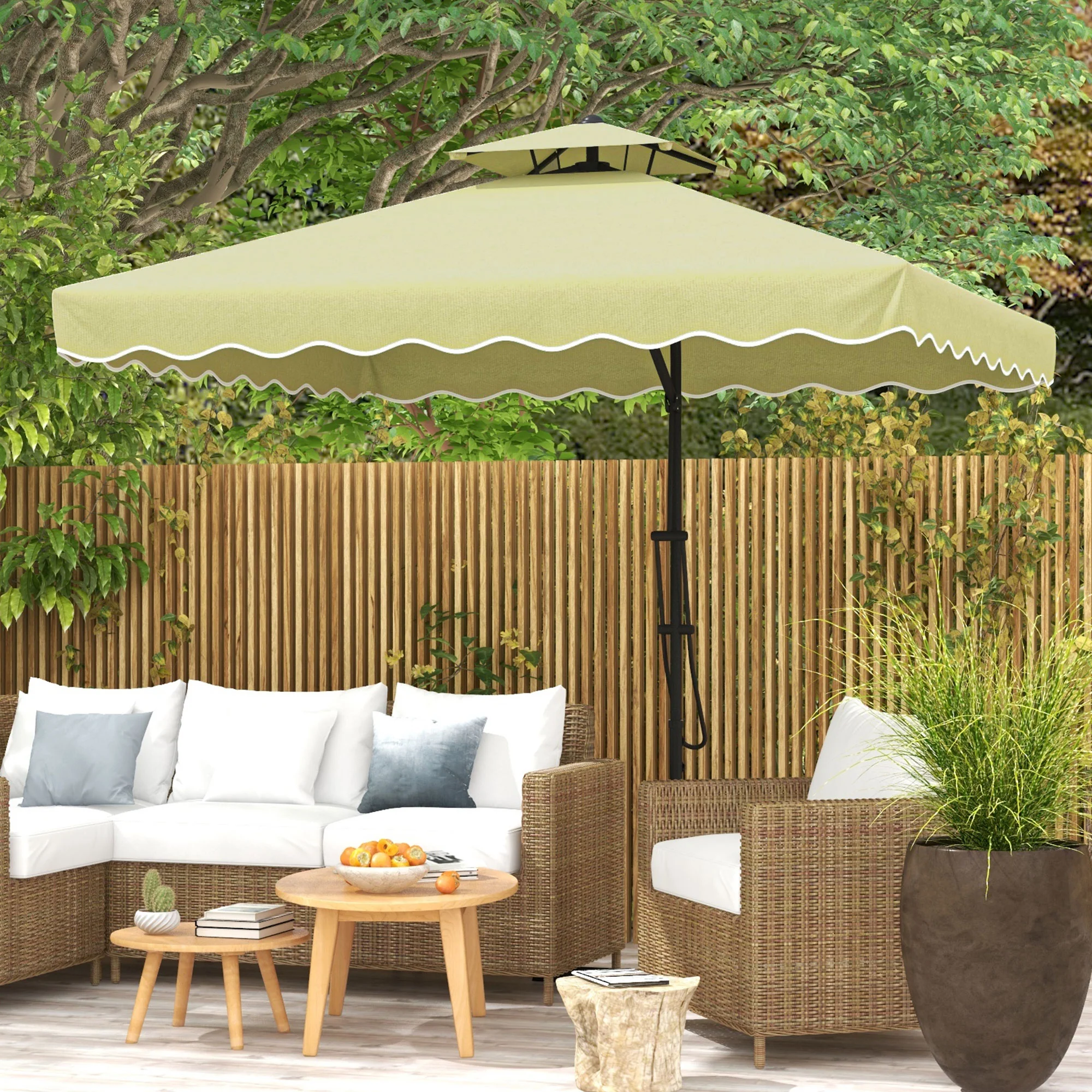 2.5m Square Patio Double Top Cantilever Umbrella with Cross Base and Ruffles, Beige - Image 4