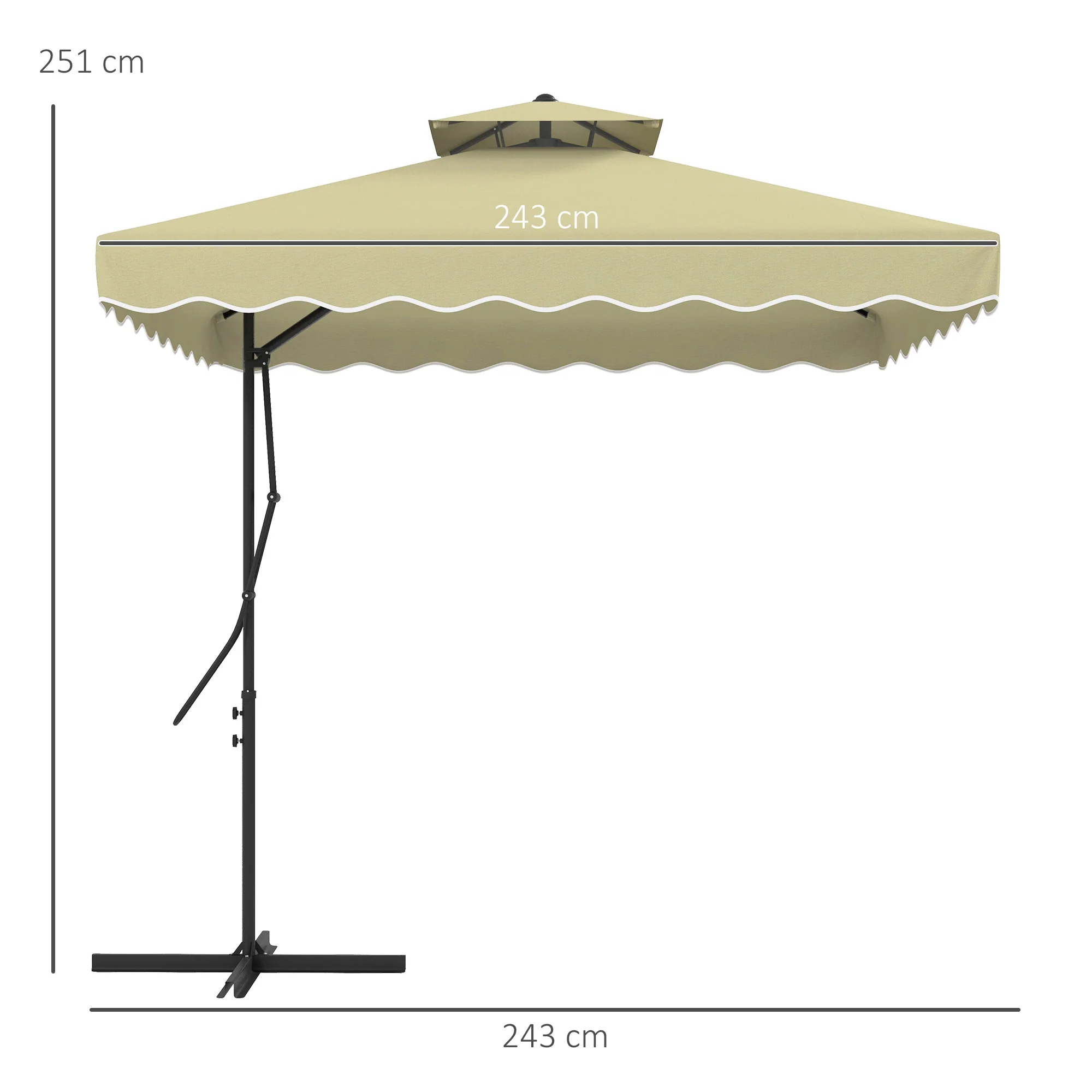 2.5m Square Patio Double Top Cantilever Umbrella with Cross Base and Ruffles, Beige - Image 5