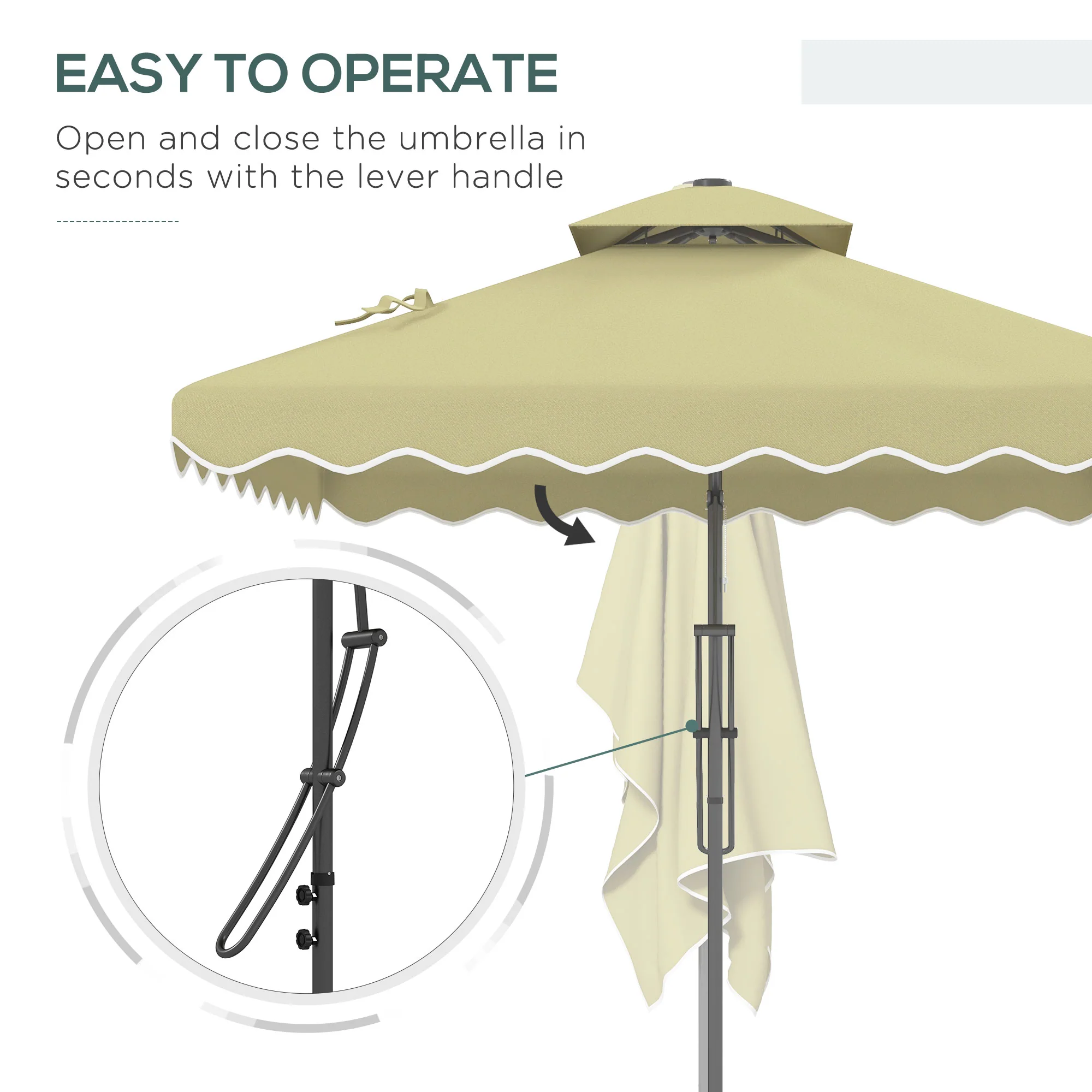 2.5m Square Patio Double Top Cantilever Umbrella with Cross Base and Ruffles, Beige - Image 6