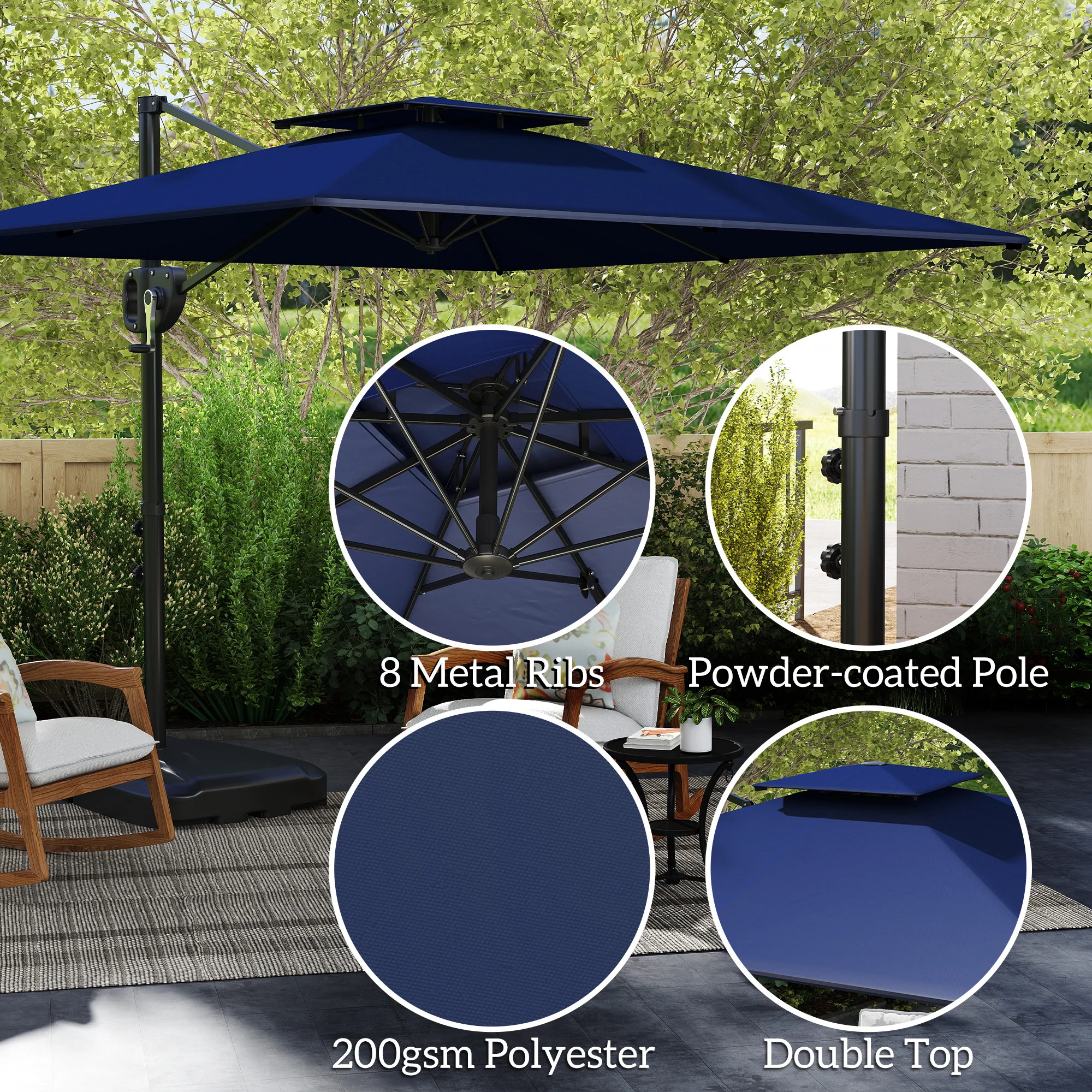 2.5m Square Overhanging Parasol with Double Top, Crank Handle & Fillable Base, Blue - Image 8